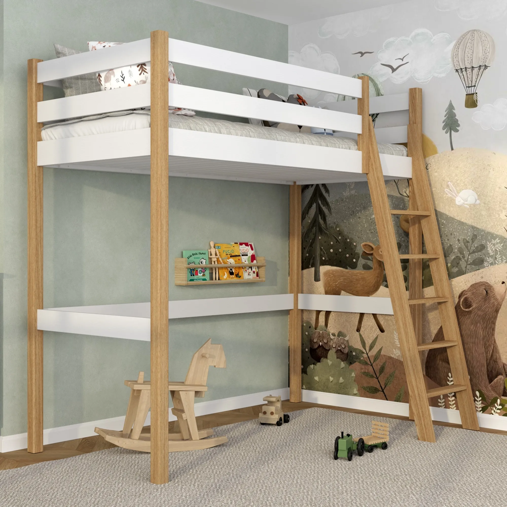 Drewniane łóżko na antresoli N03