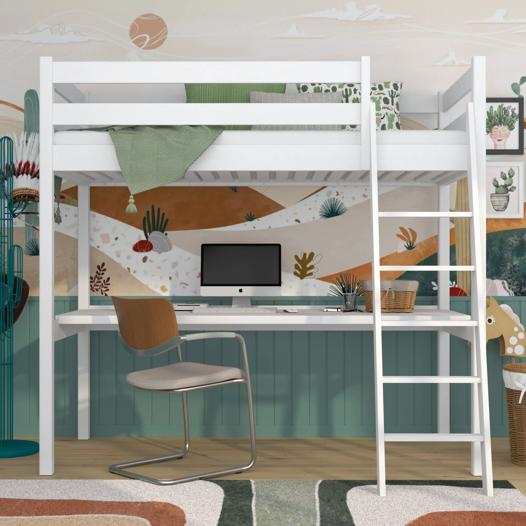 Drewniane łóżko na antresoli z biurkiem N03