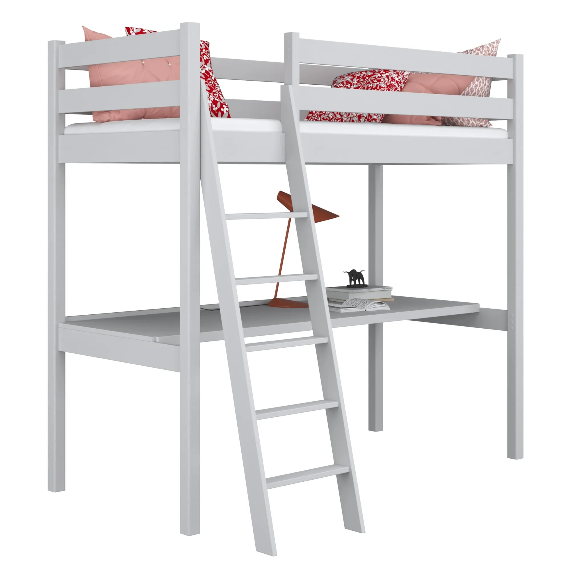 Drewniane łóżko na antresoli z biurkiem N03