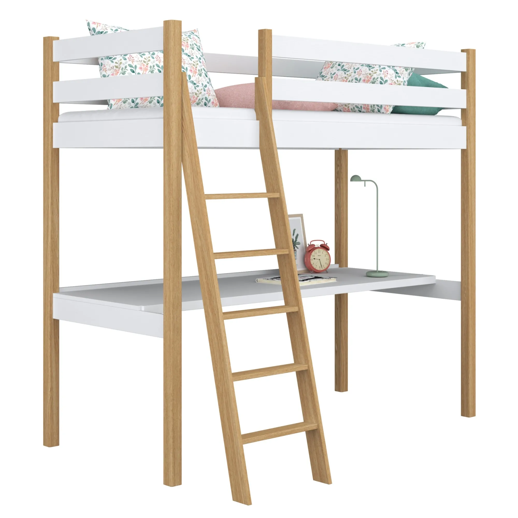 Drewniane łóżko na antresoli z biurkiem N03