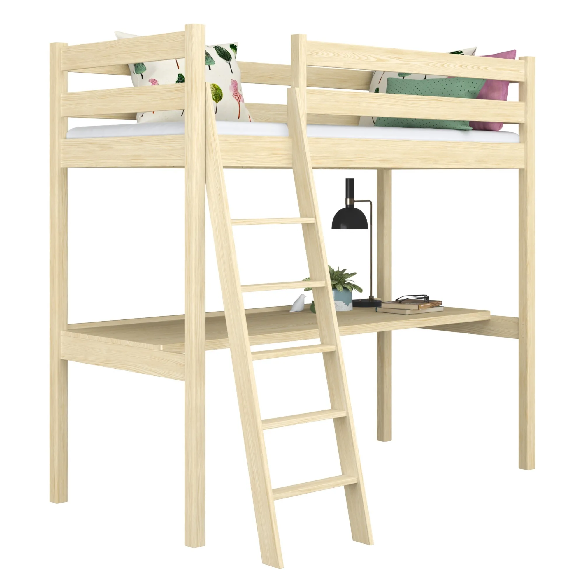 Sosnowe łóżko na antresoli z biurkiem N03