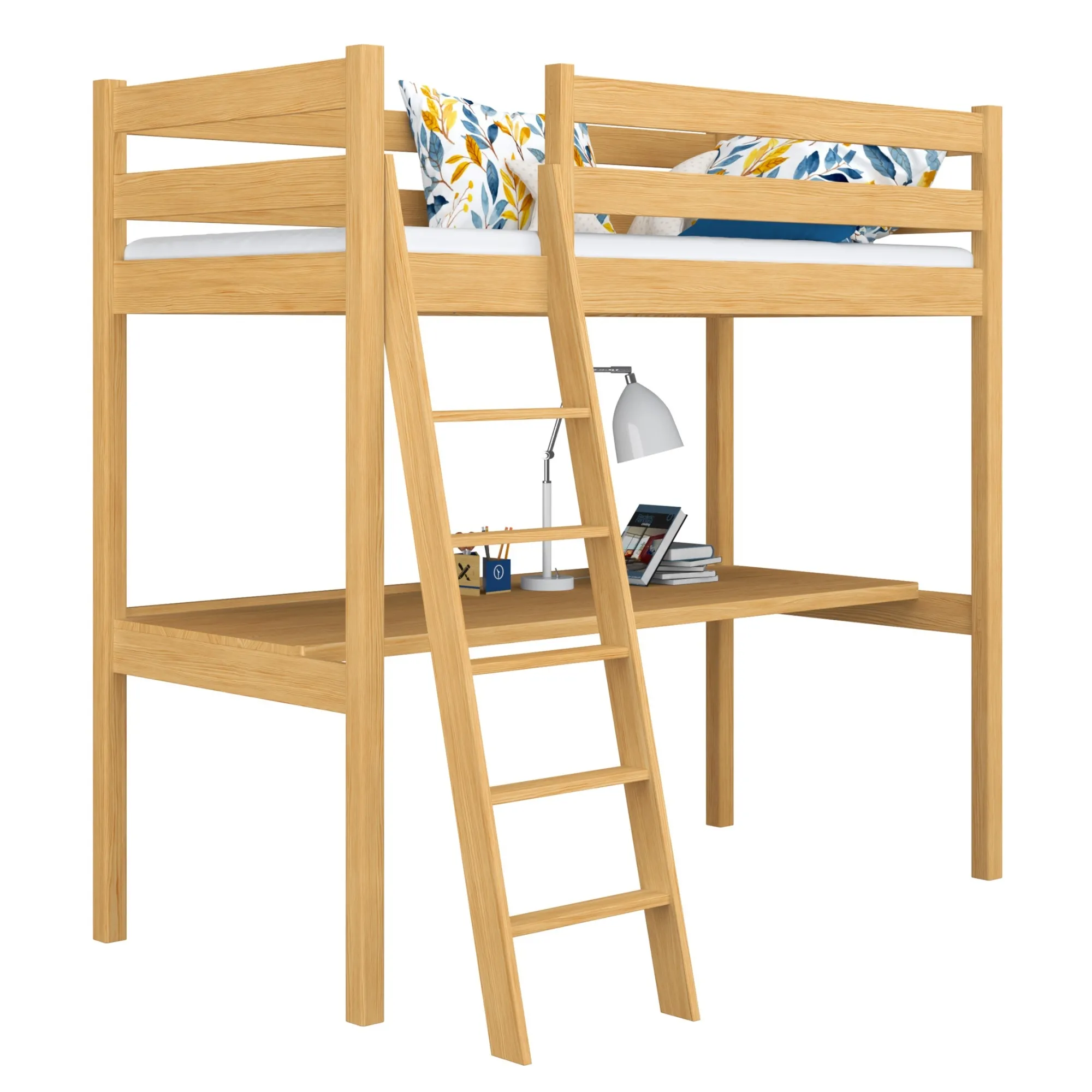 Sosnowe łóżko na antresoli z biurkiem N03