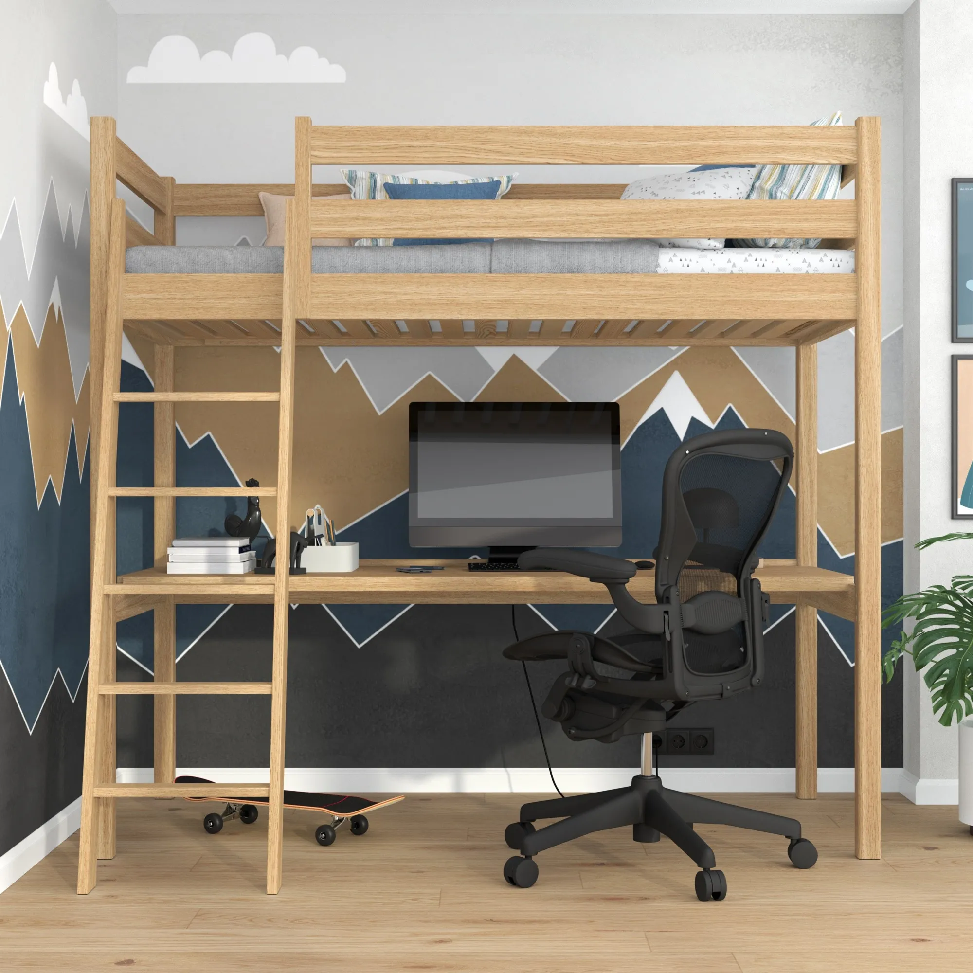 Dębowe łóżko na antresoli z biurkiem N03