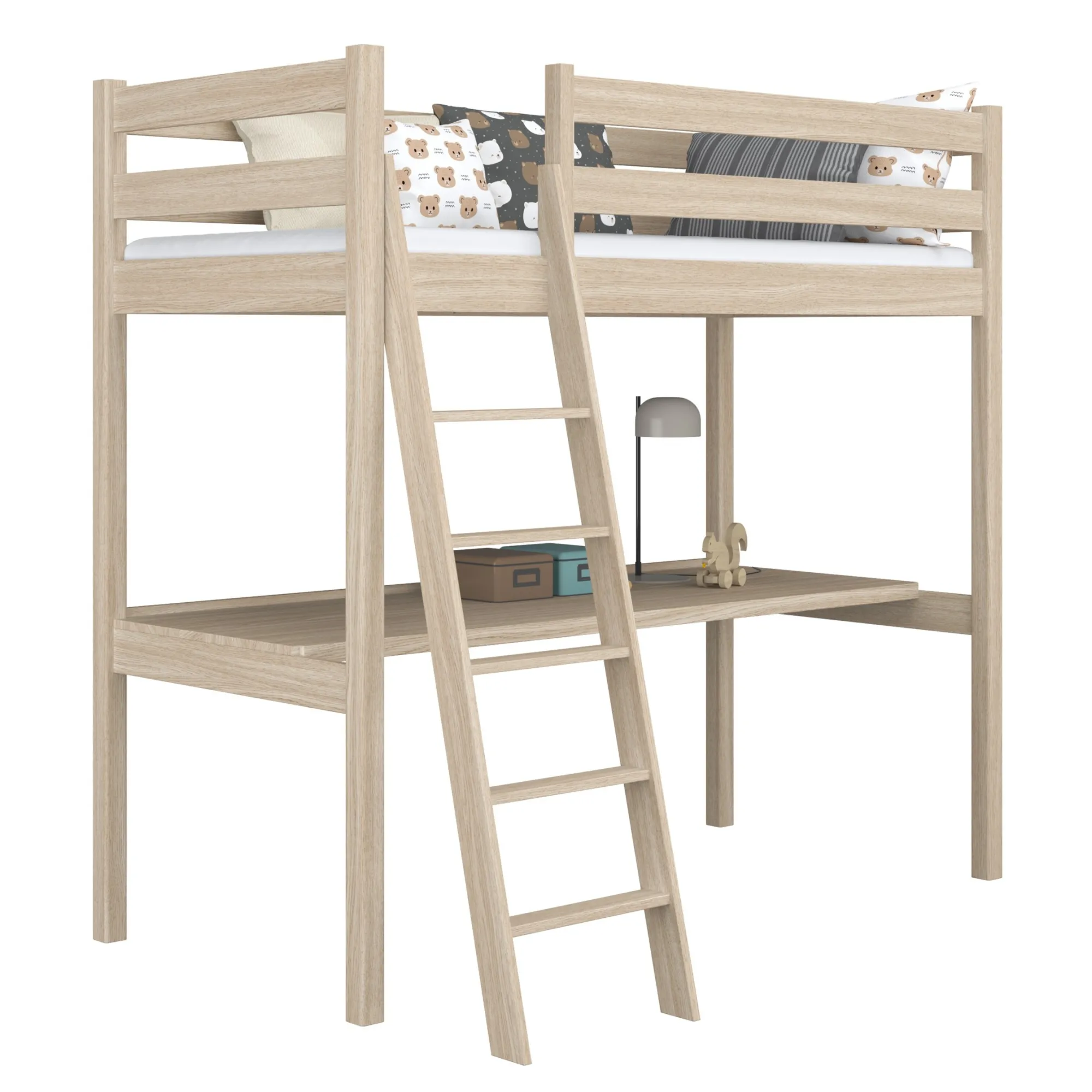 Dębowe łóżko na antresoli z biurkiem N03