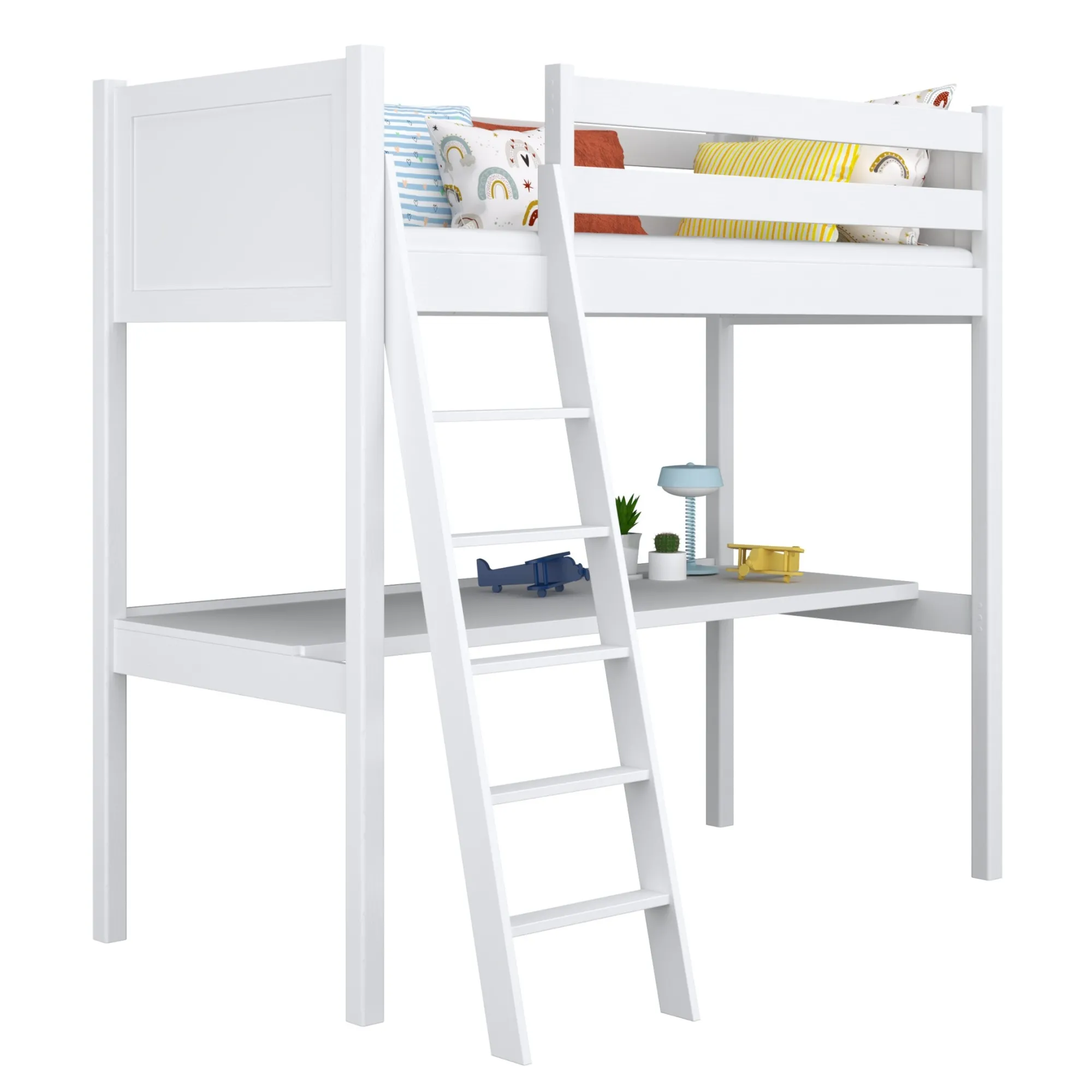 Drewniane łóżko na antresoli z biurkiem N04