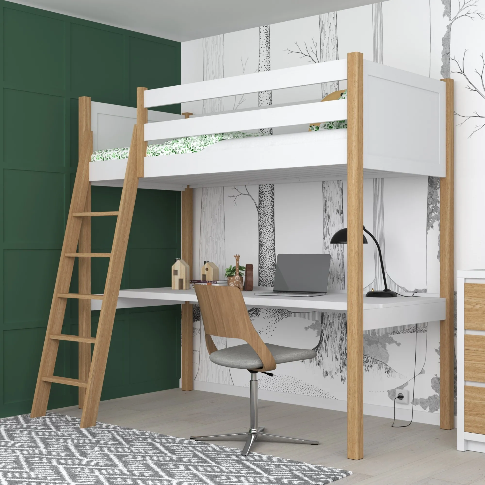 Drewniane łóżko na antresoli z biurkiem N04