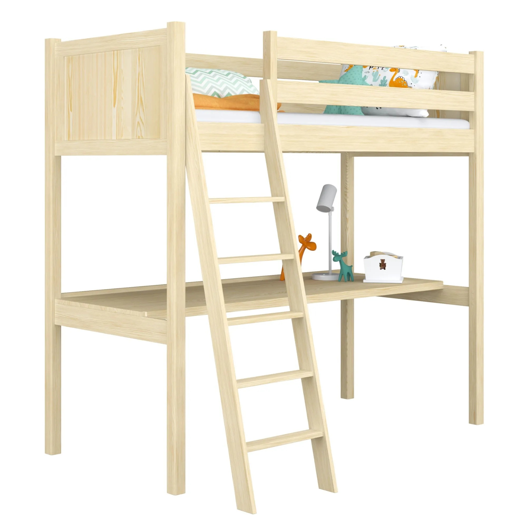 Sosnowe łóżko na antresoli z biurkiem N04