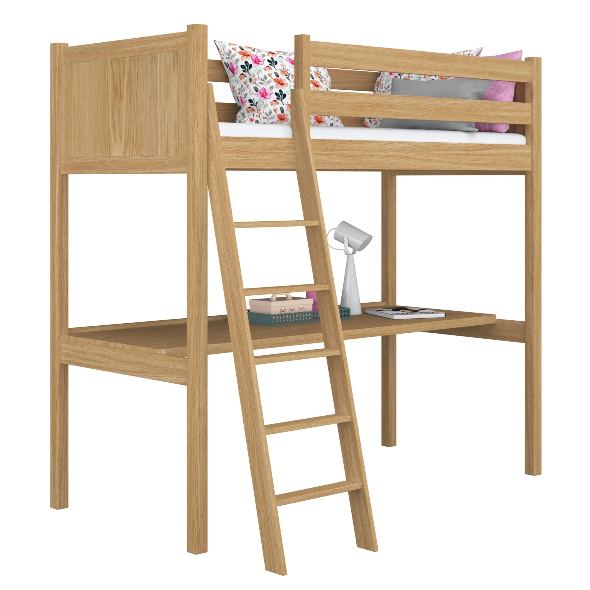 Dębowe łóżko na antresoli z biurkiem N04