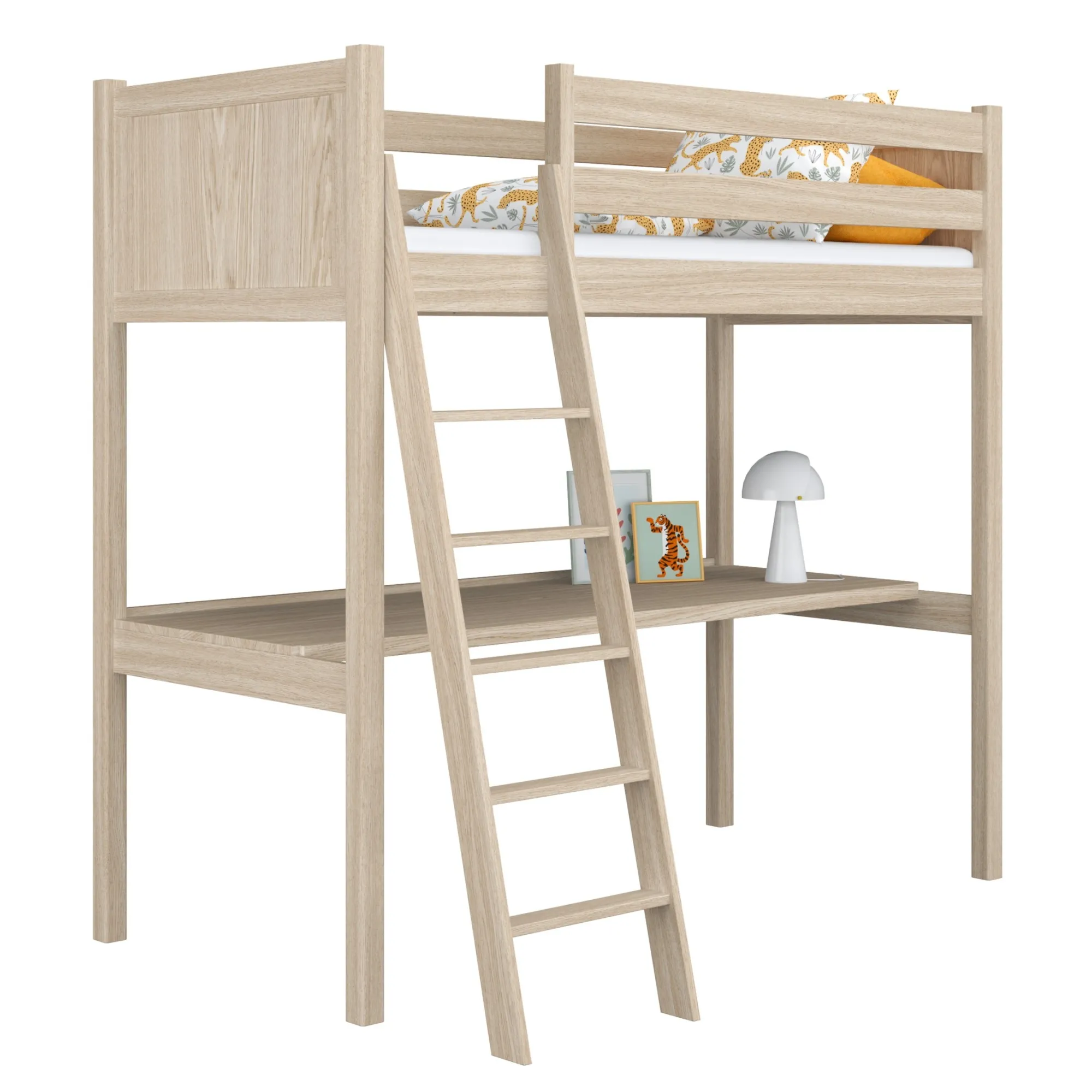 Dębowe łóżko na antresoli z biurkiem N04