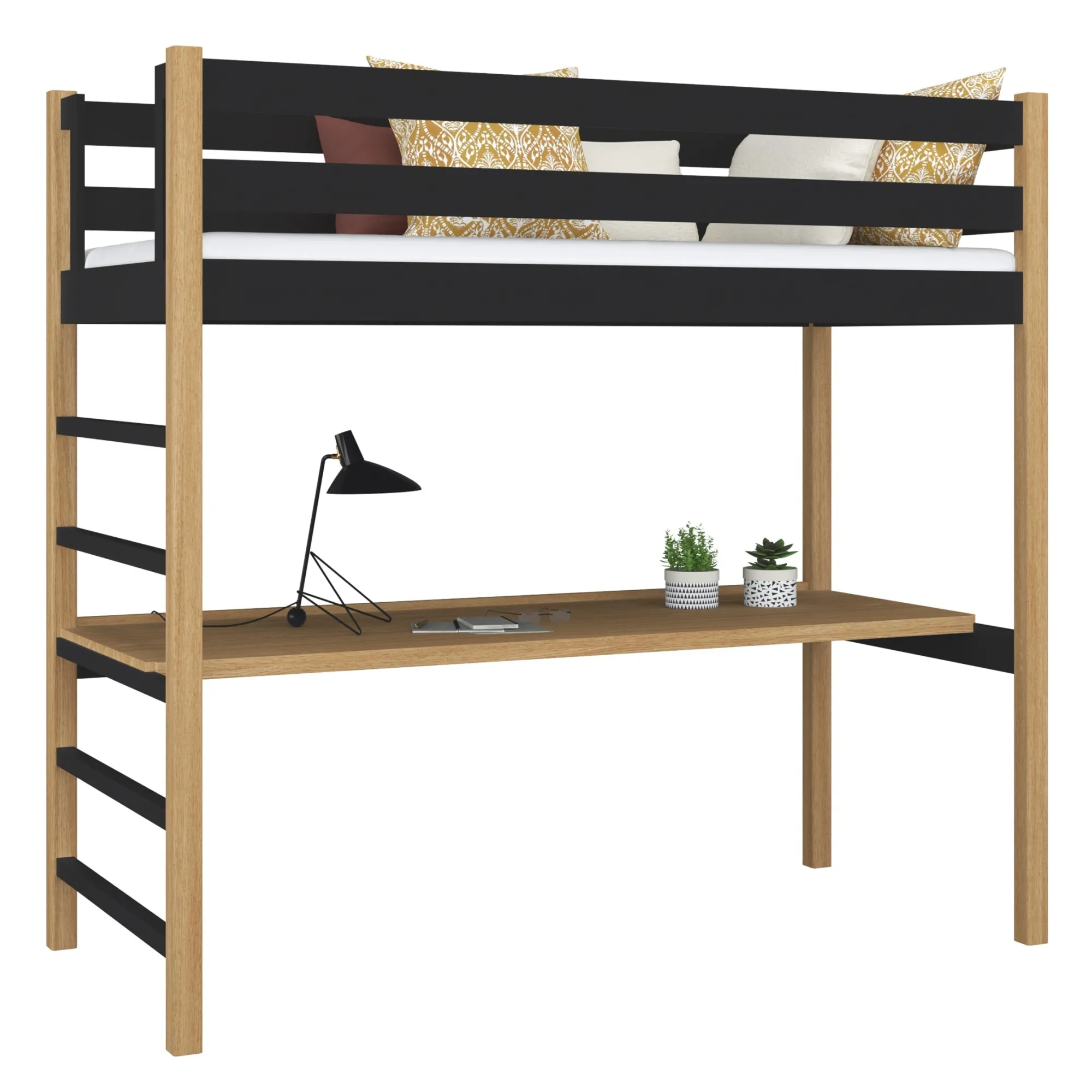 Drewniane łóżko na antresoli z biurkiem N01