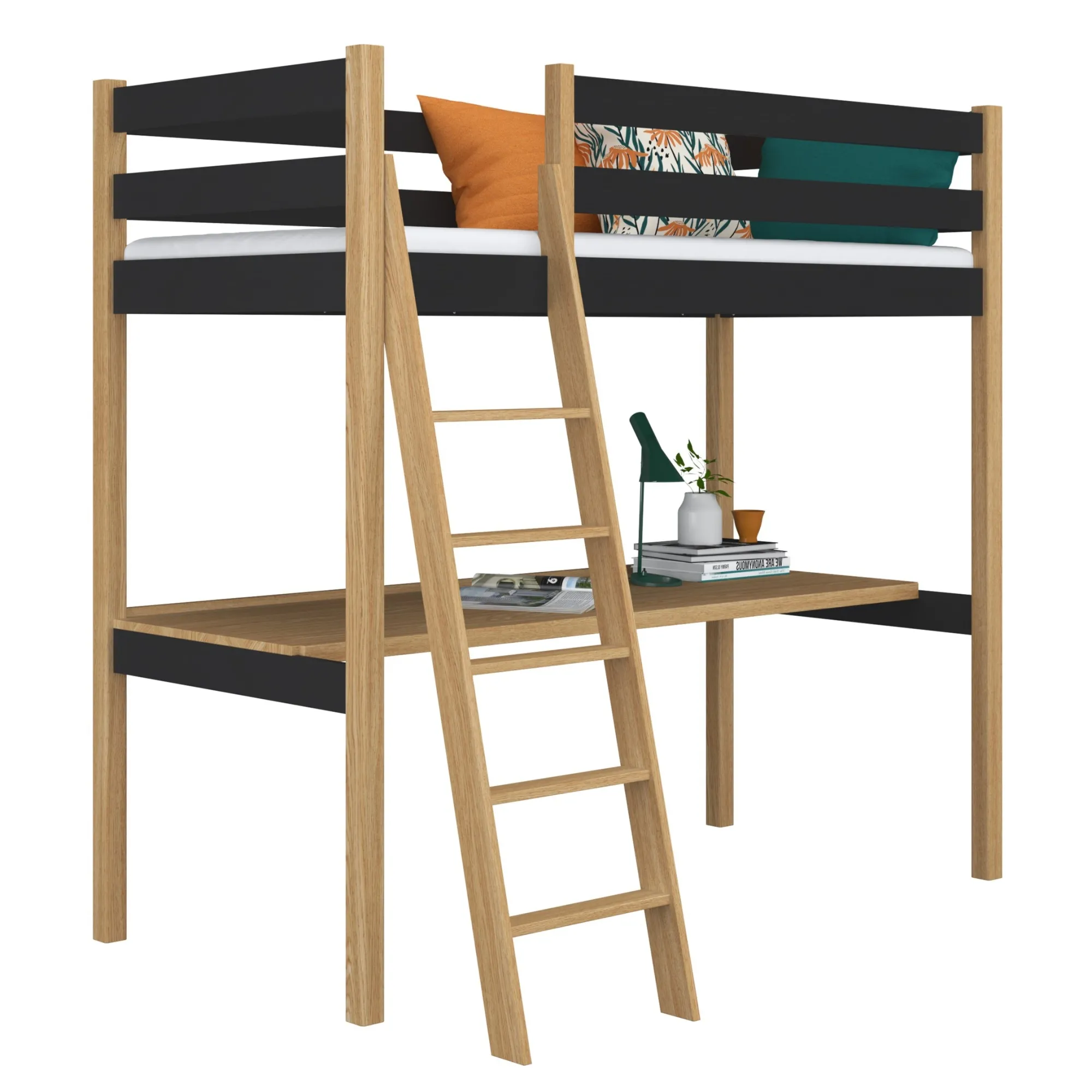 Drewniane łóżko na antresoli z biurkiem N03