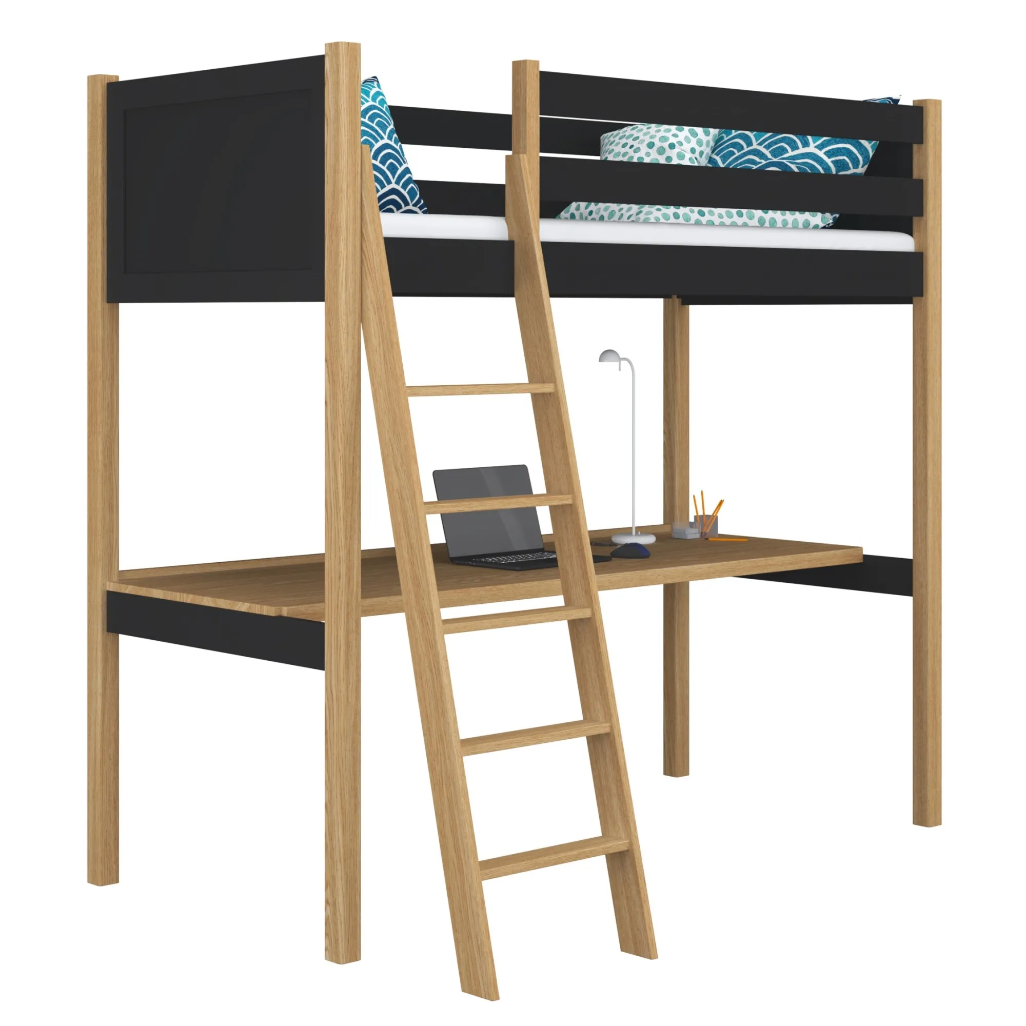 Drewniane łóżko na antresoli z biurkiem N04