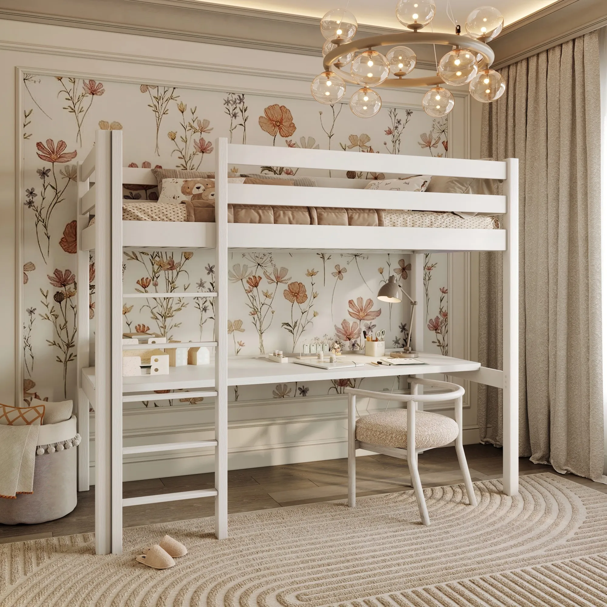 Drewniane łóżko na antresoli z biurkiem N05