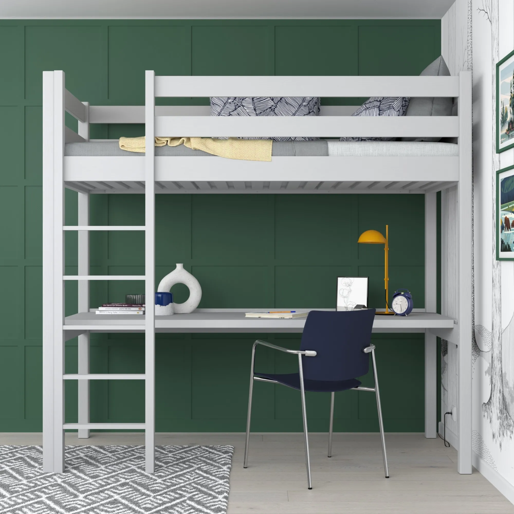 Drewniane łóżko na antresoli z biurkiem N05