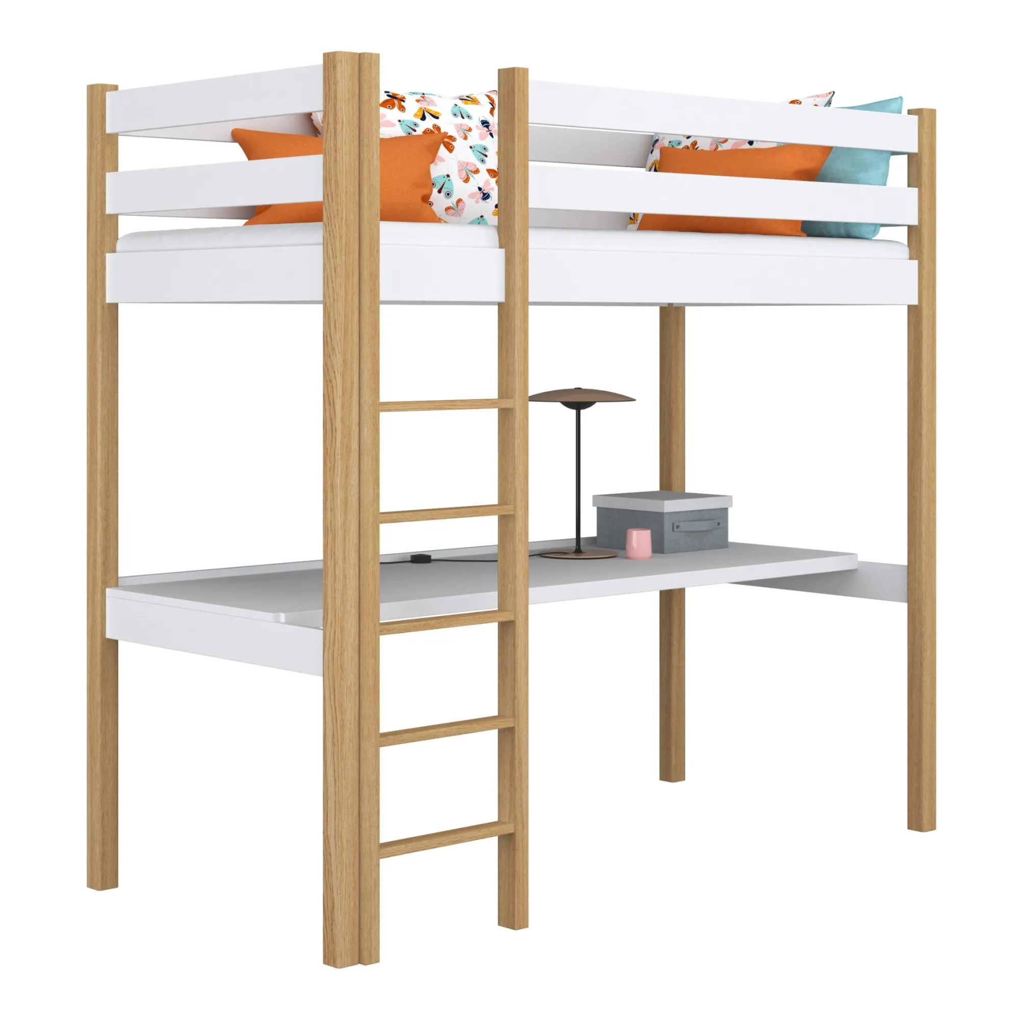 Drewniane łóżko na antresoli z biurkiem N05