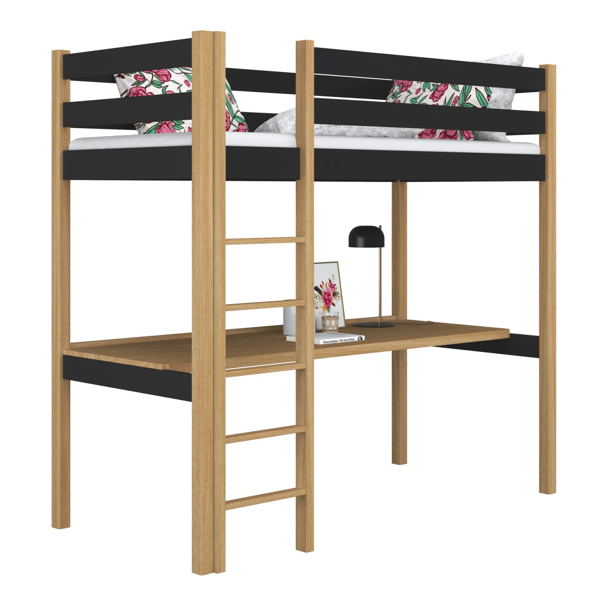 Drewniane łóżko na antresoli z biurkiem N05