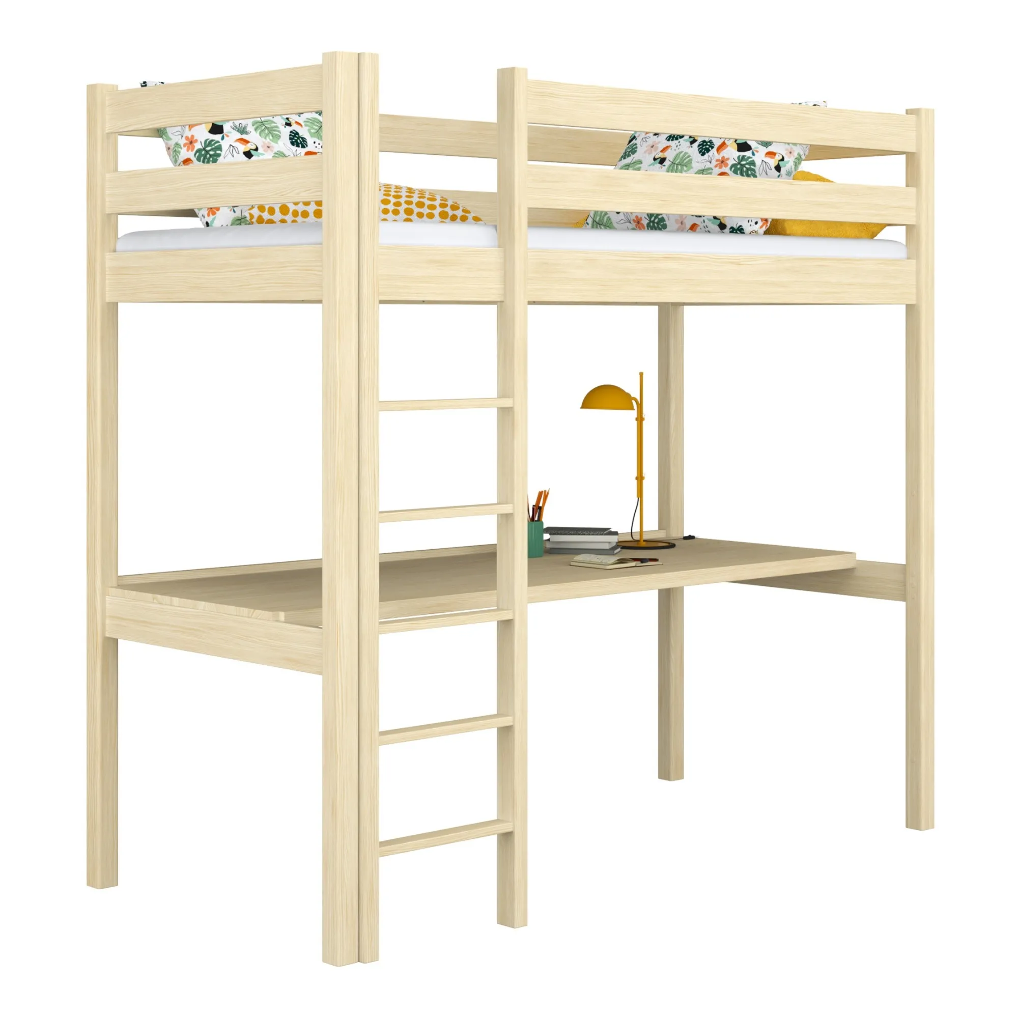 Sosnowe łóżko na antresoli z biurkiem N05