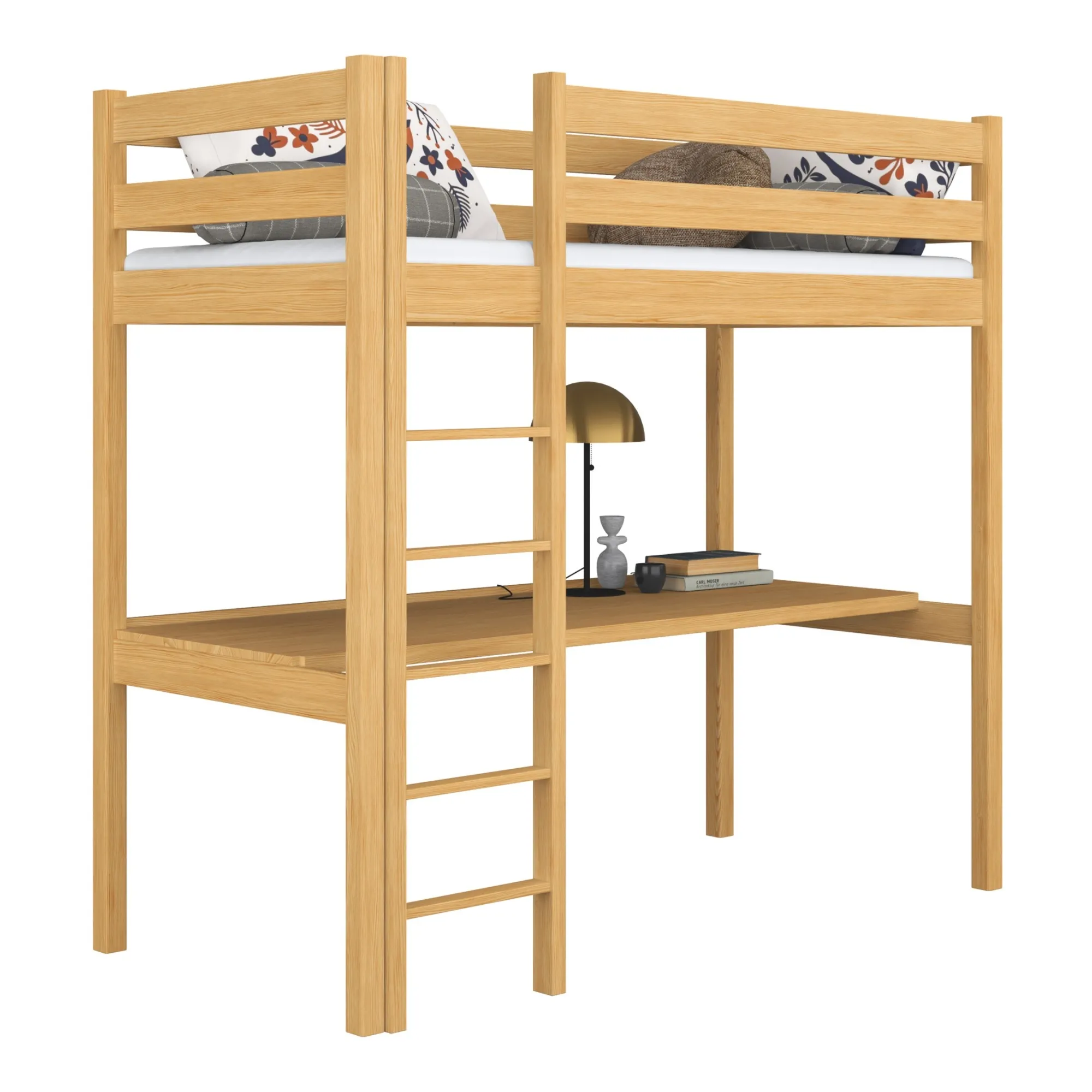 Sosnowe łóżko na antresoli z biurkiem N05