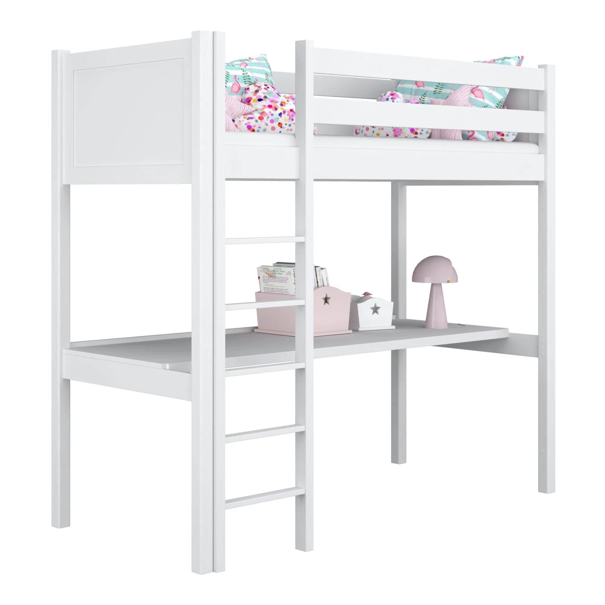 Drewniane łóżko na antresoli z biurkiem N06