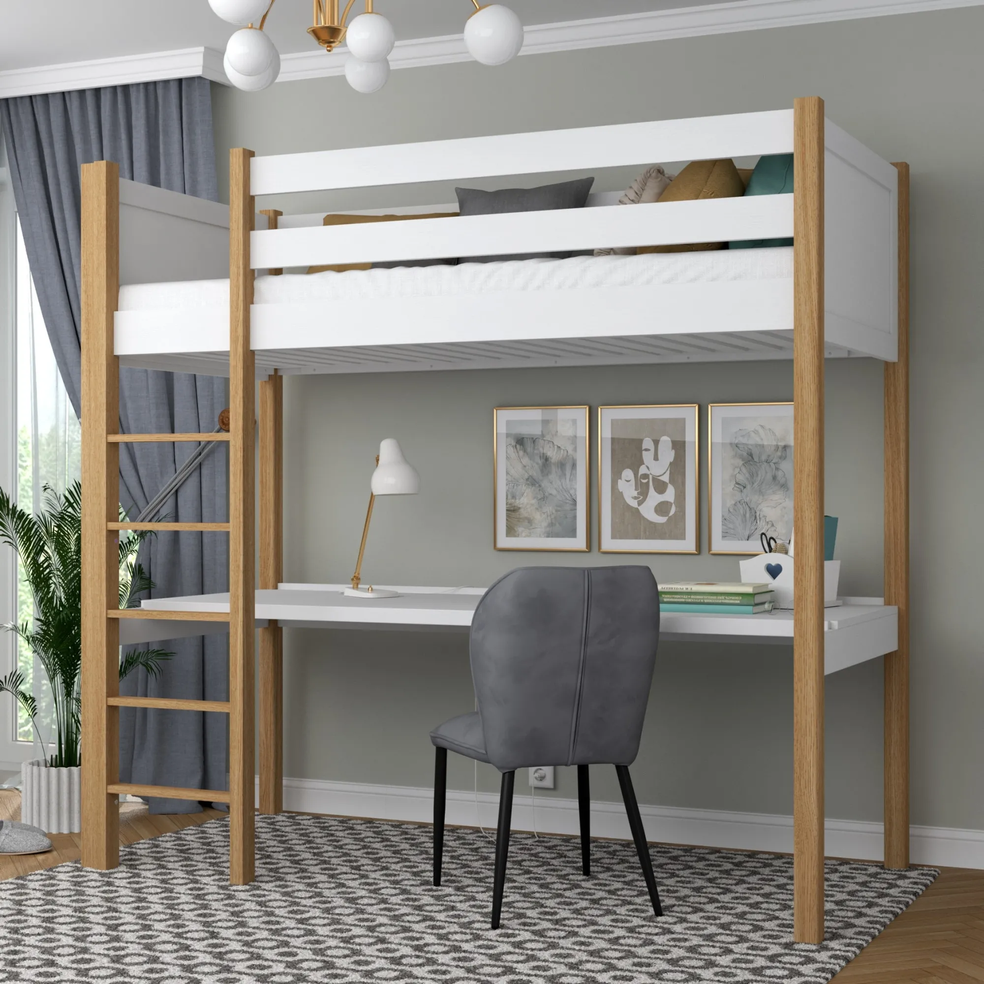 Drewniane łóżko na antresoli z biurkiem N06