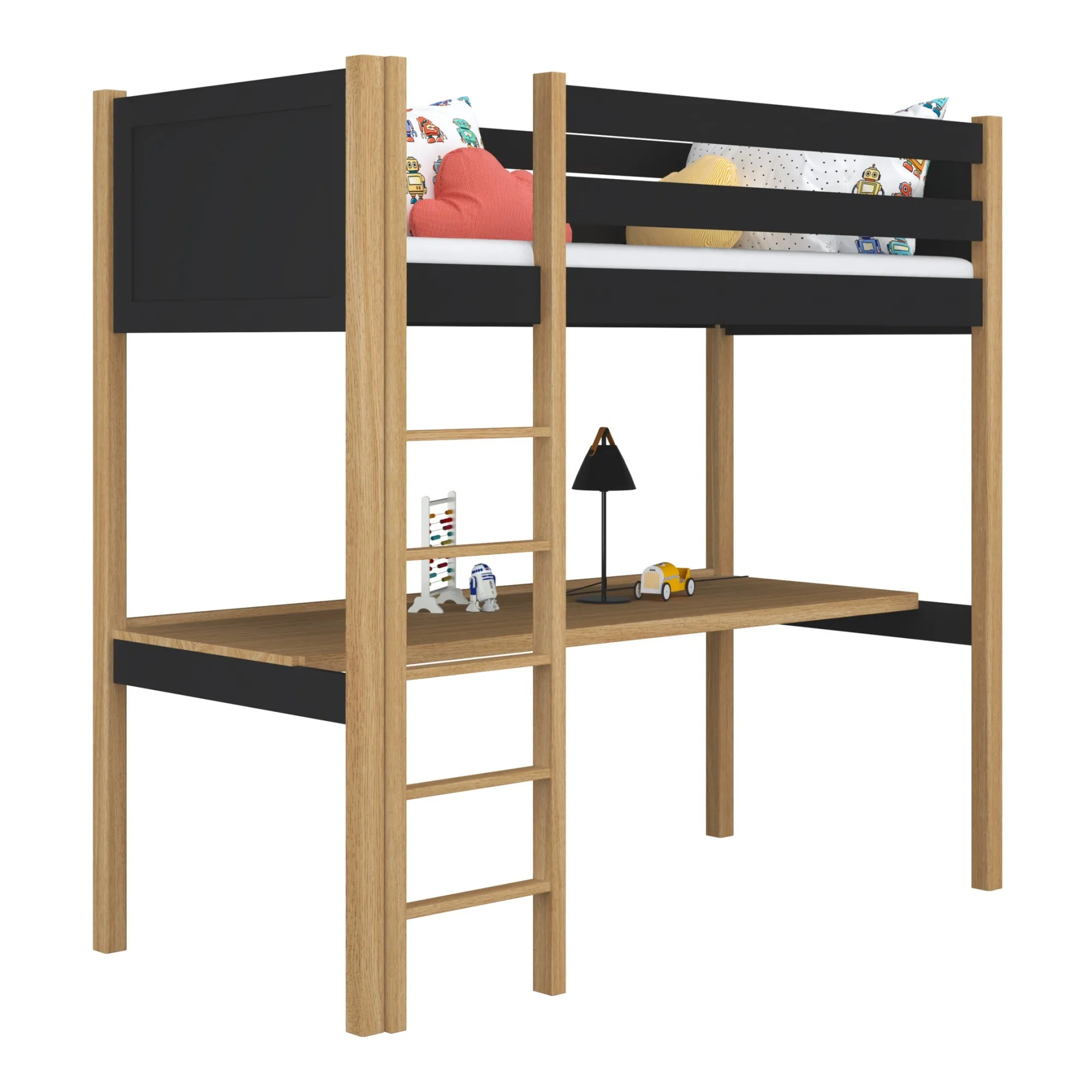 Drewniane łóżko na antresoli z biurkiem N06