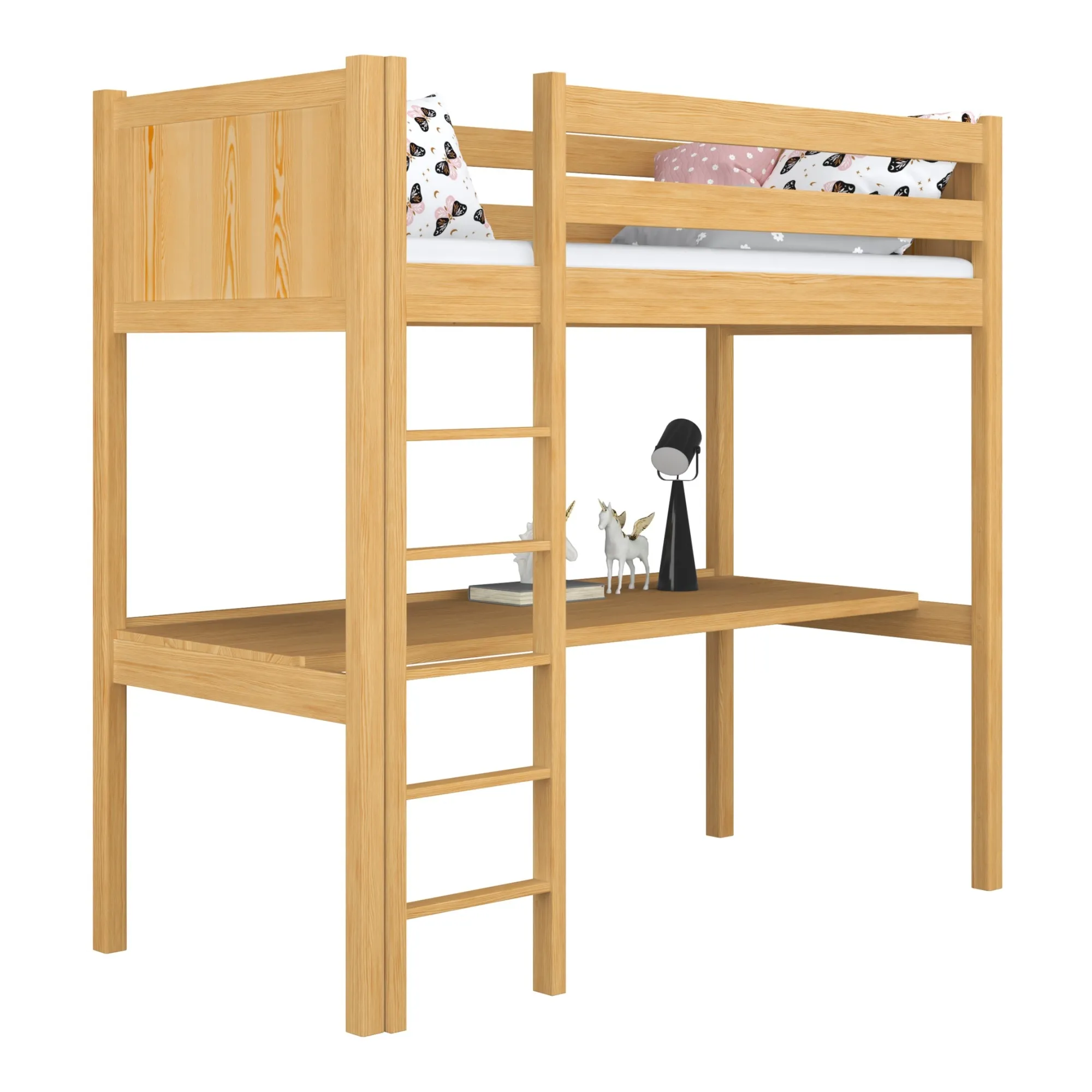 Sosnowe łóżko na antresoli z biurkiem N06