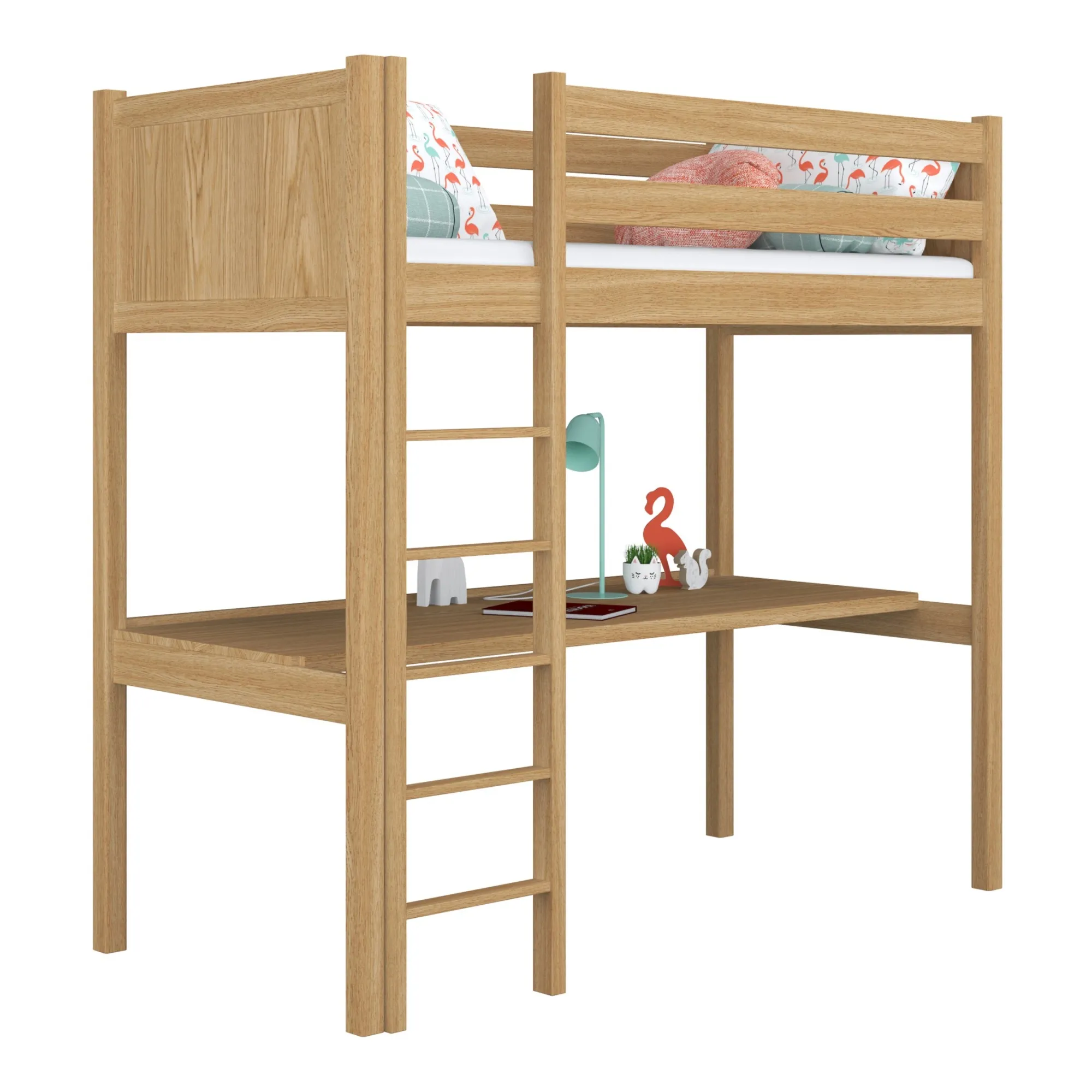 Dębowe łóżko na antresoli z biurkiem N06