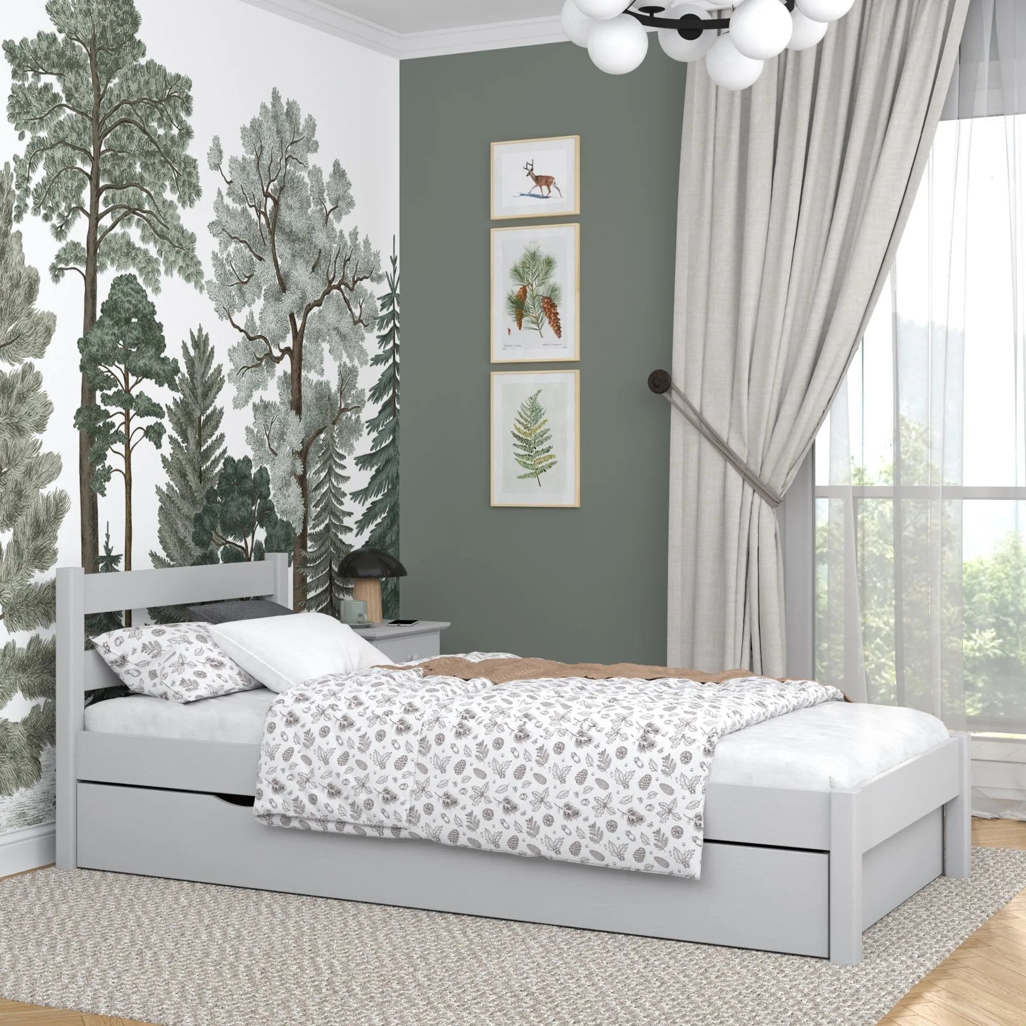 Drewniane łóżko pojedyncze z szufladą N01