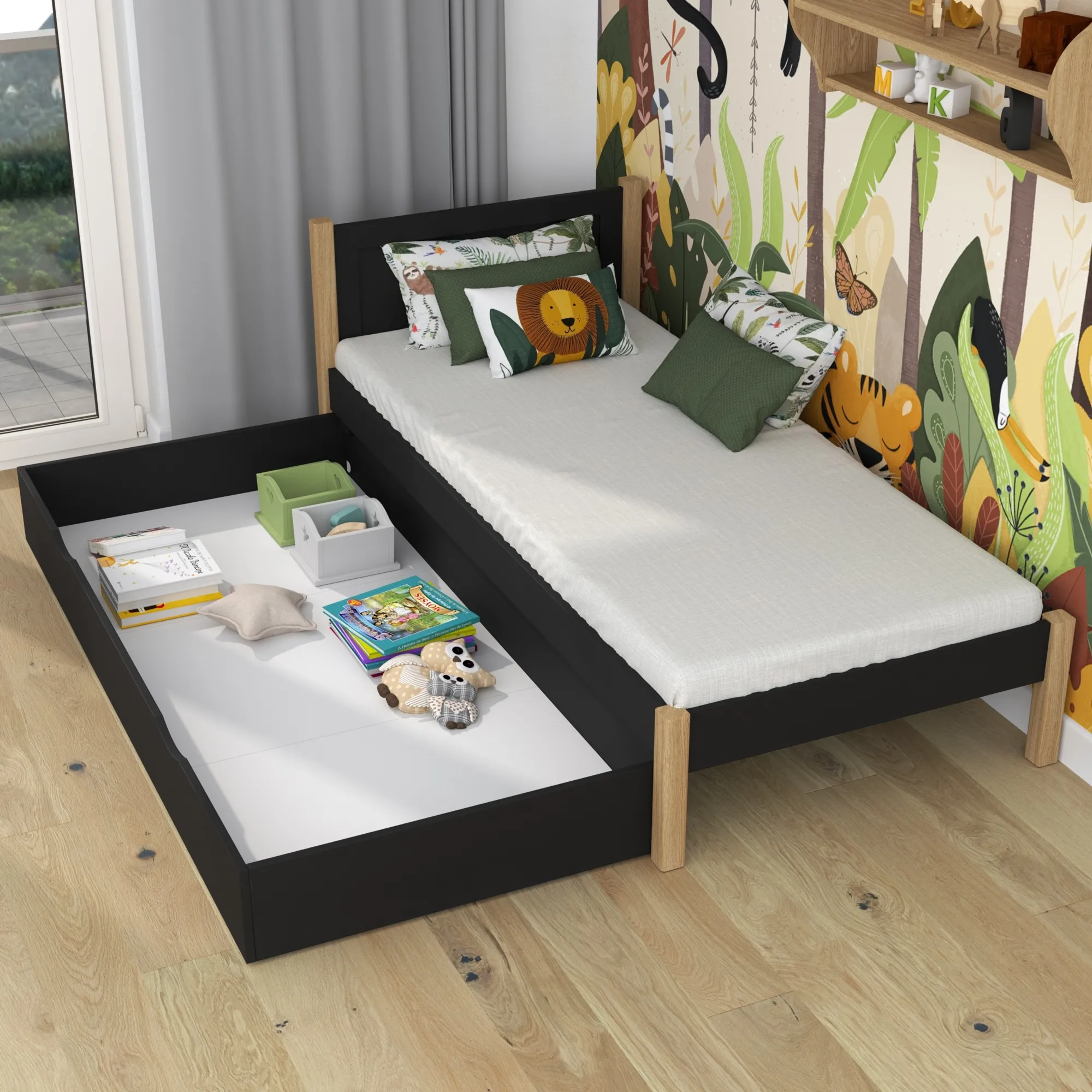 Drewniane łóżko pojedyncze z szufladą N02