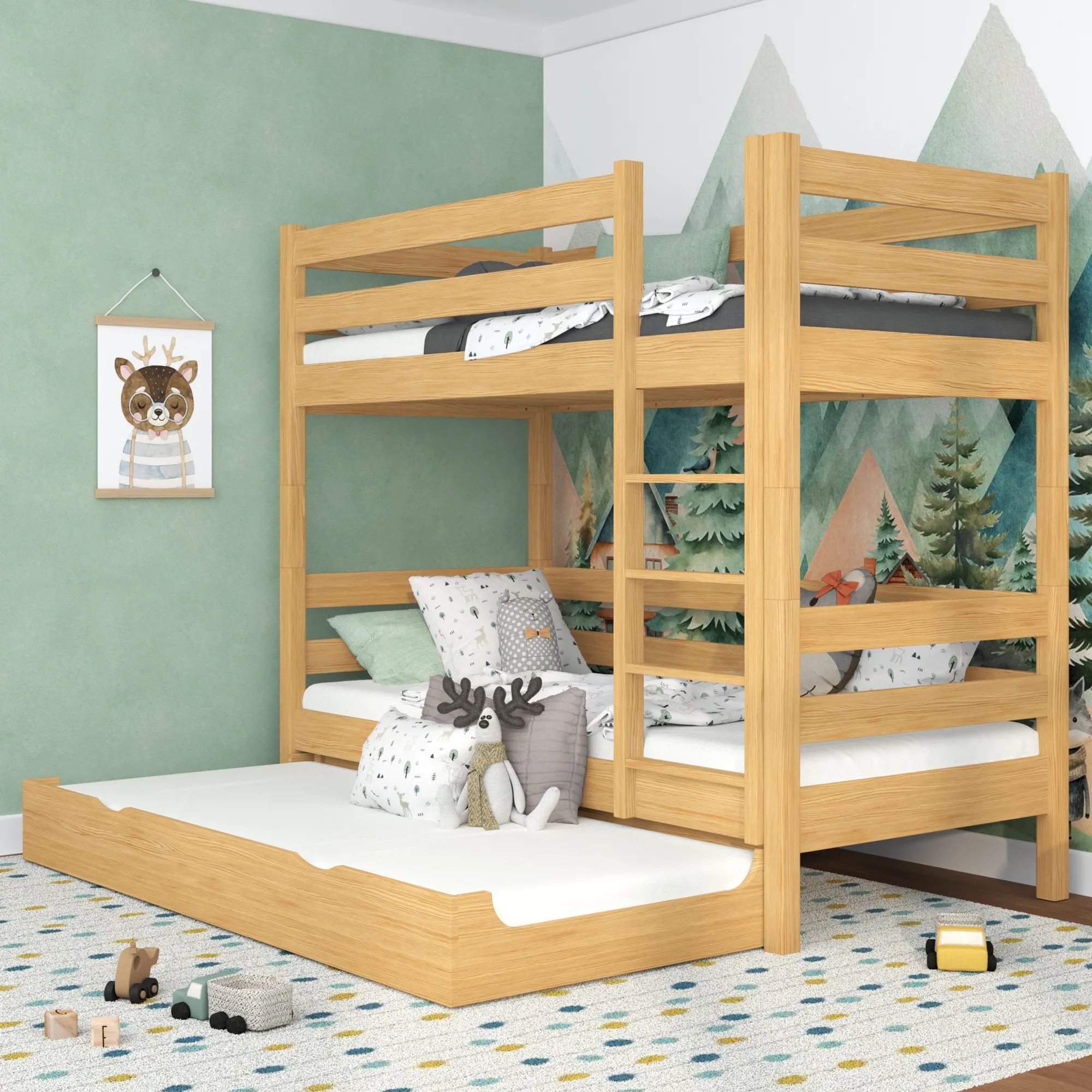 Drewniane łóżko piętrowe z szufladą na materac N01