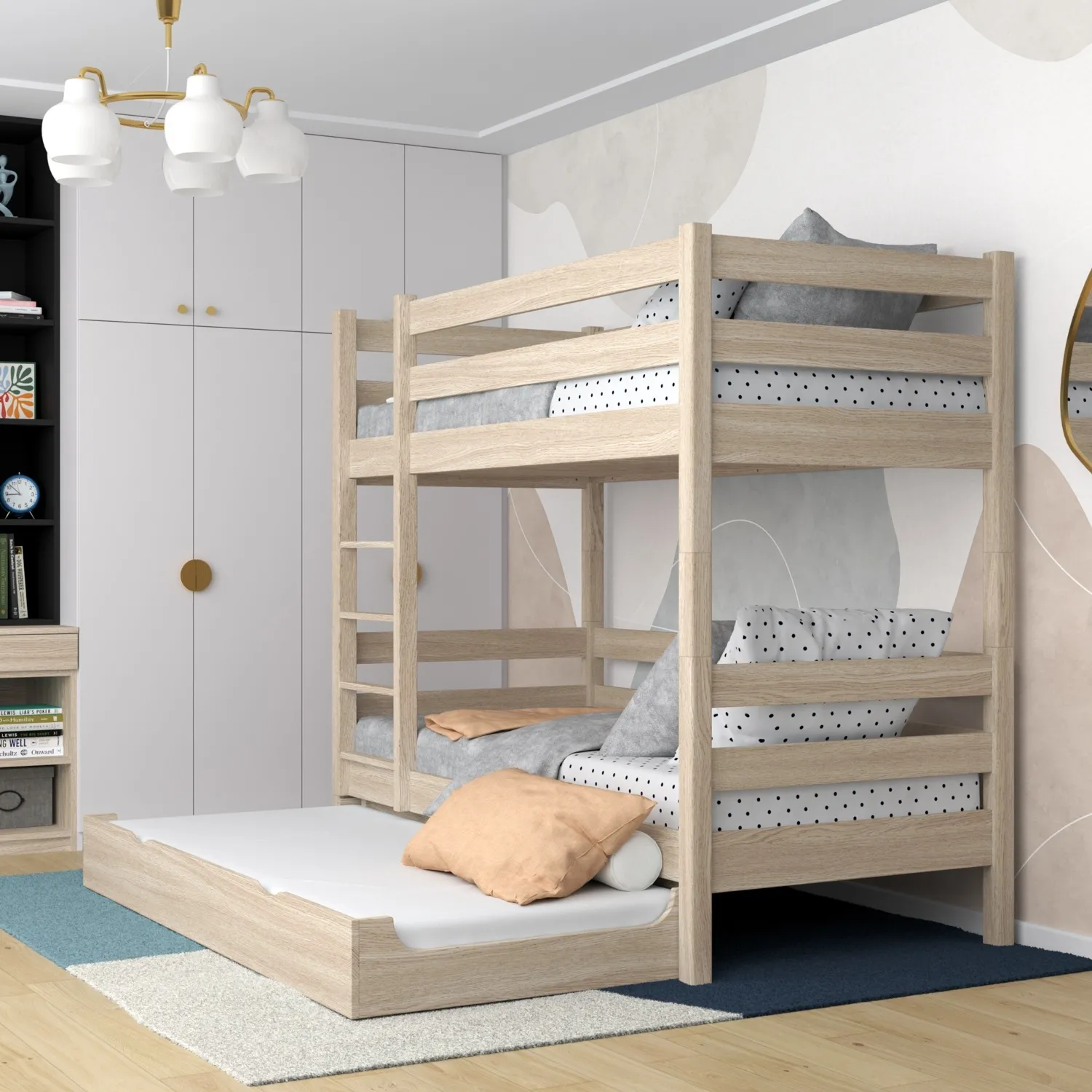 Dębowe łóżko piętrowe z szufladą na materac N01