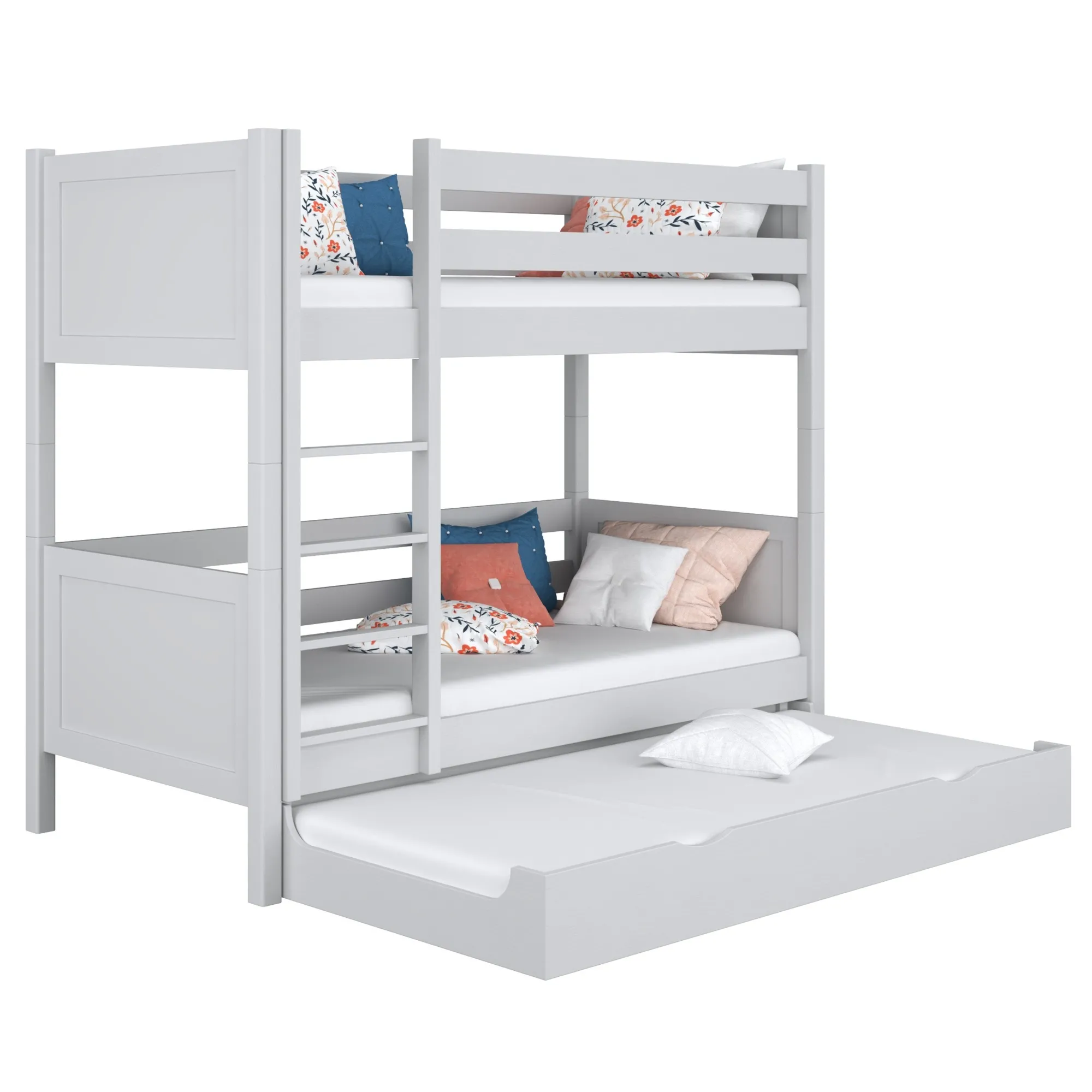 Drewniane łóżko piętrowe z szufladą na materac N02