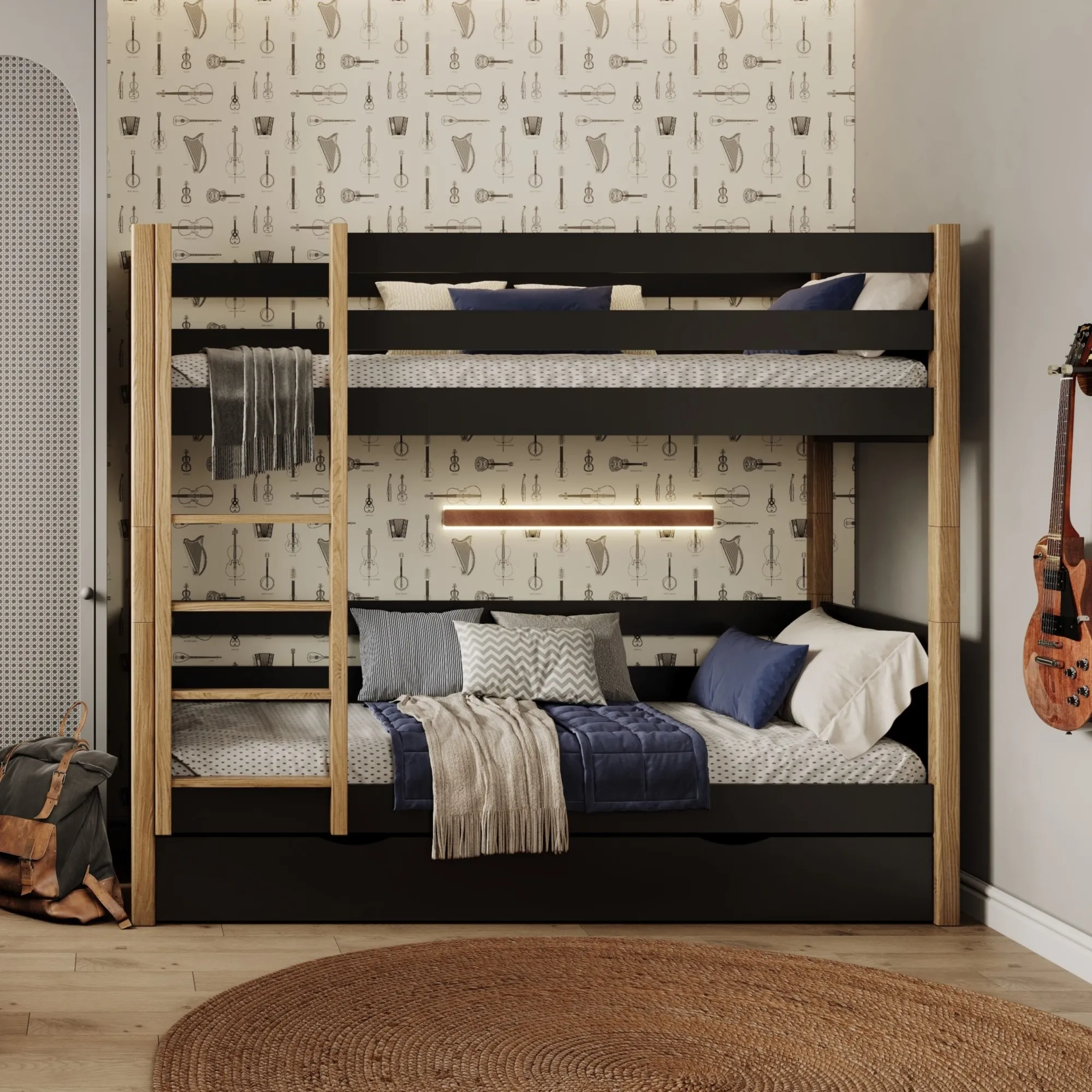 Drewniane łóżko piętrowe z szufladą N02