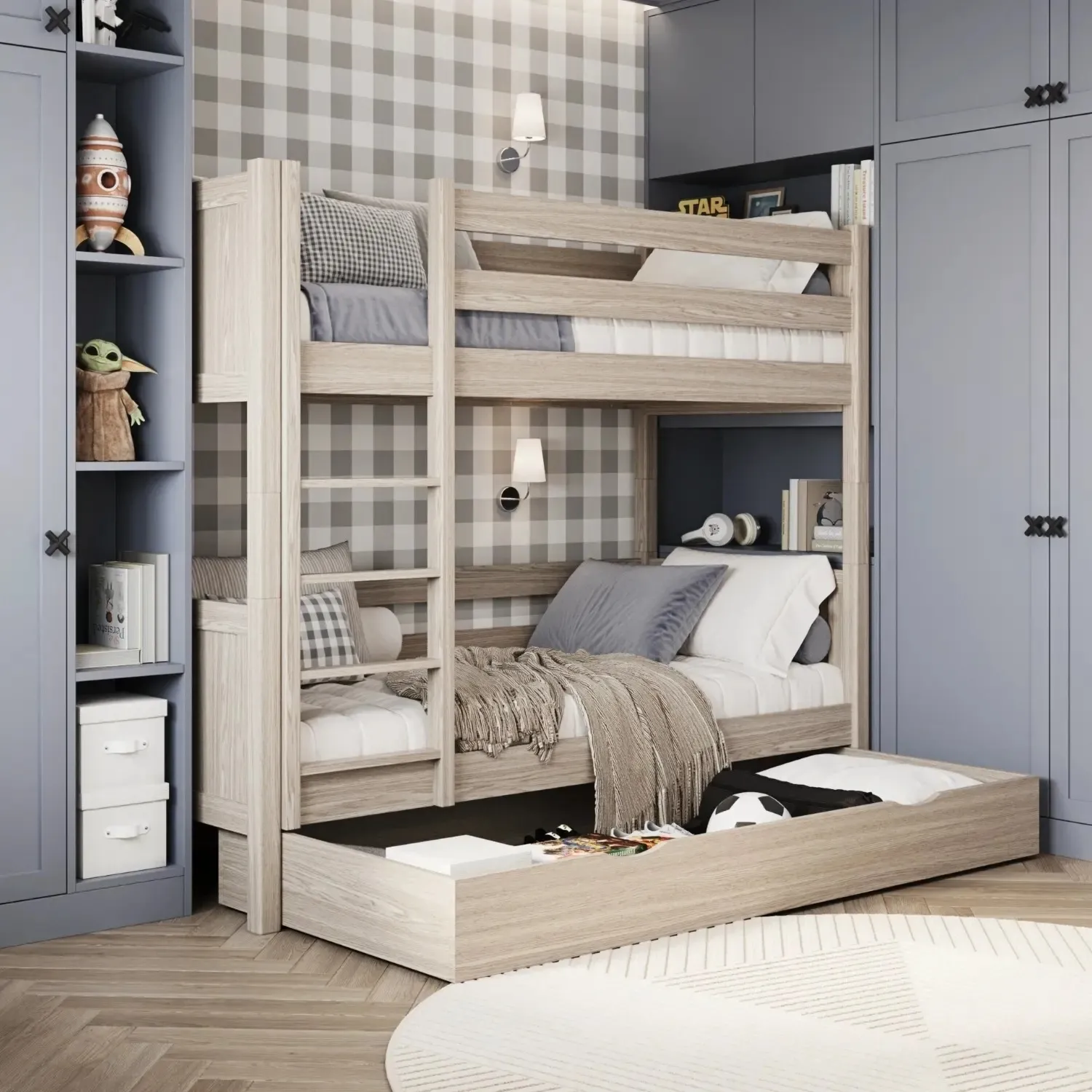 Dębowe łóżko piętrowe z szufladą N02