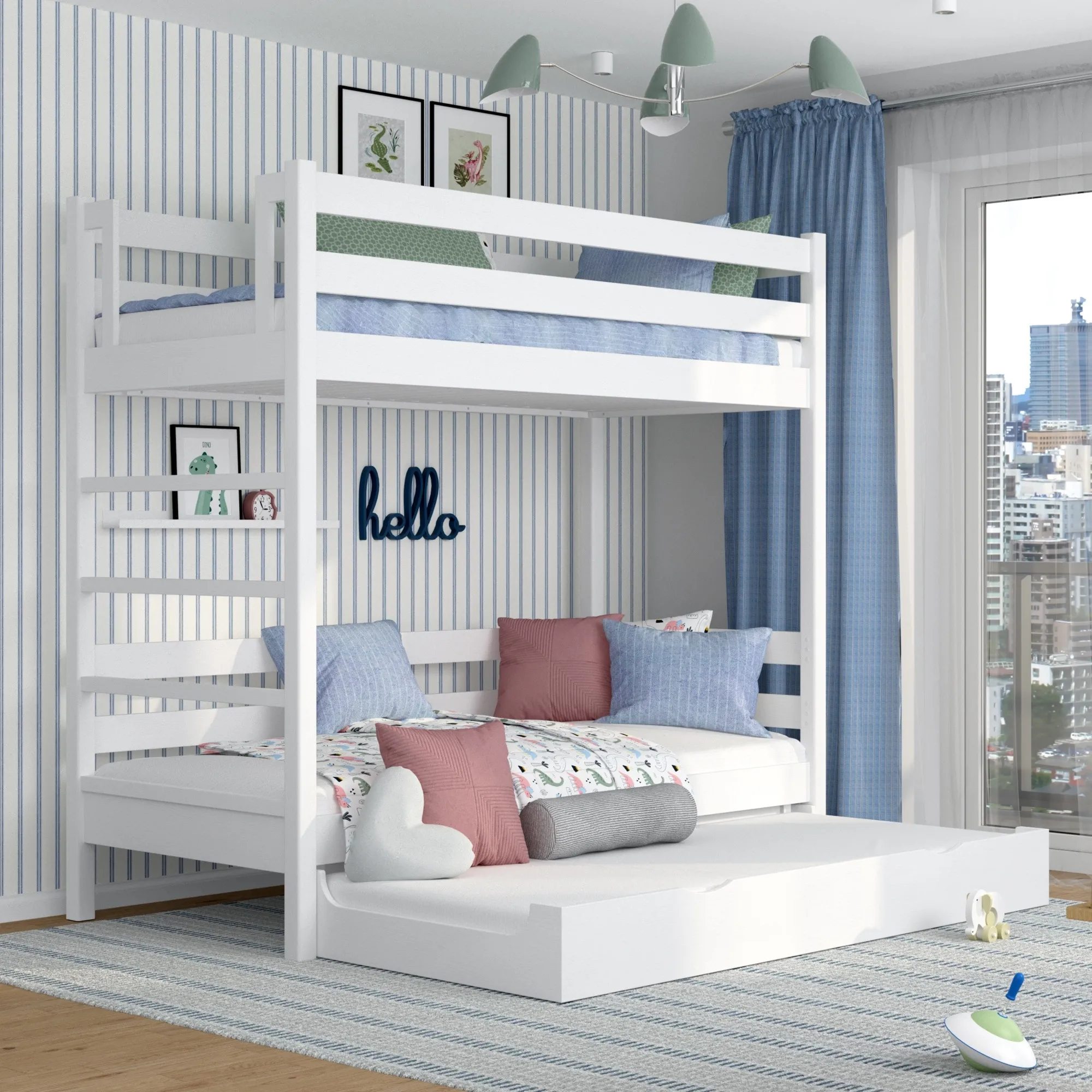 Drewniane łóżko piętrowe z szufladą na materac N03