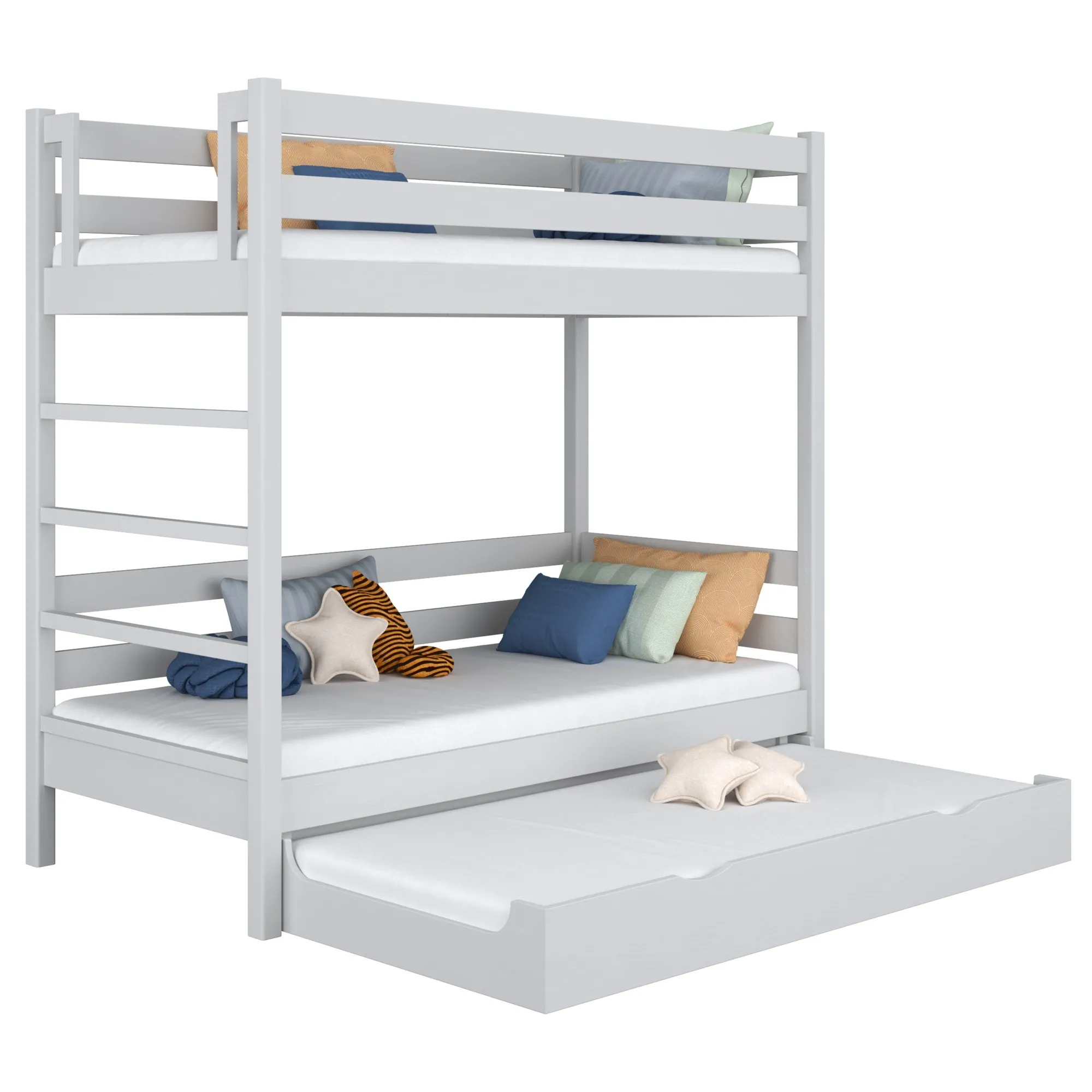 Drewniane łóżko piętrowe z szufladą na materac N03