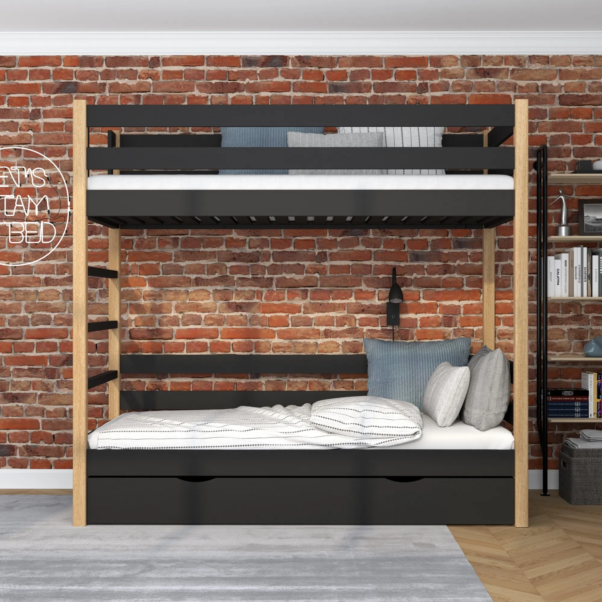 Drewniane łóżko piętrowe z szufladą N03