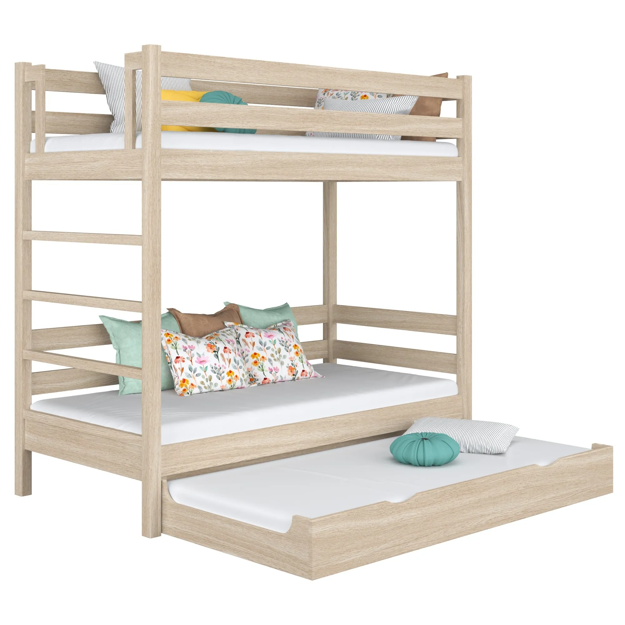 Dębowe łóżko piętrowe z szufladą na materac N03