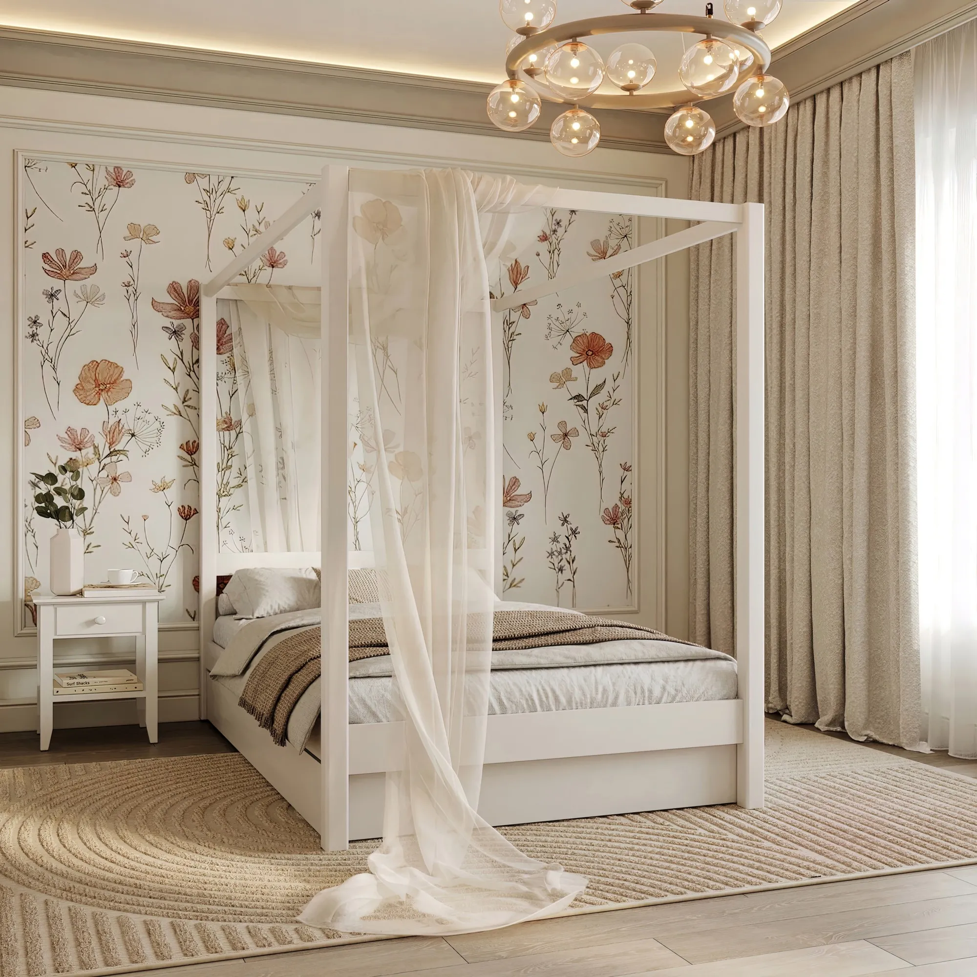 Drewniane łóżko z baldachimem i szufladą N01