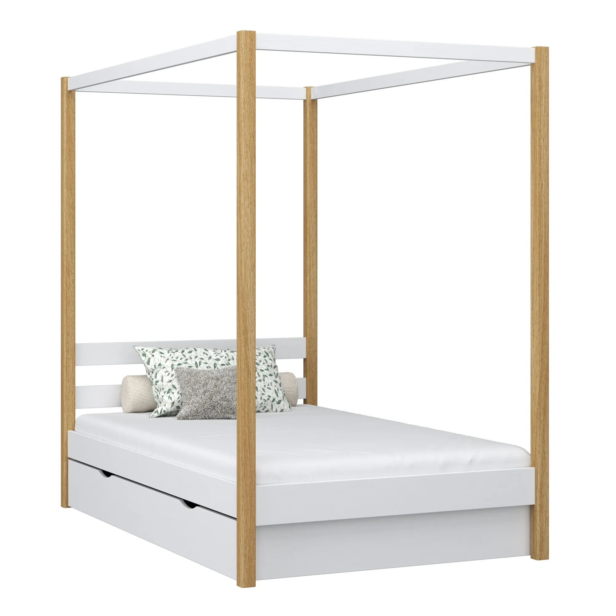 Drewniane łóżko z baldachimem i szufladą N01