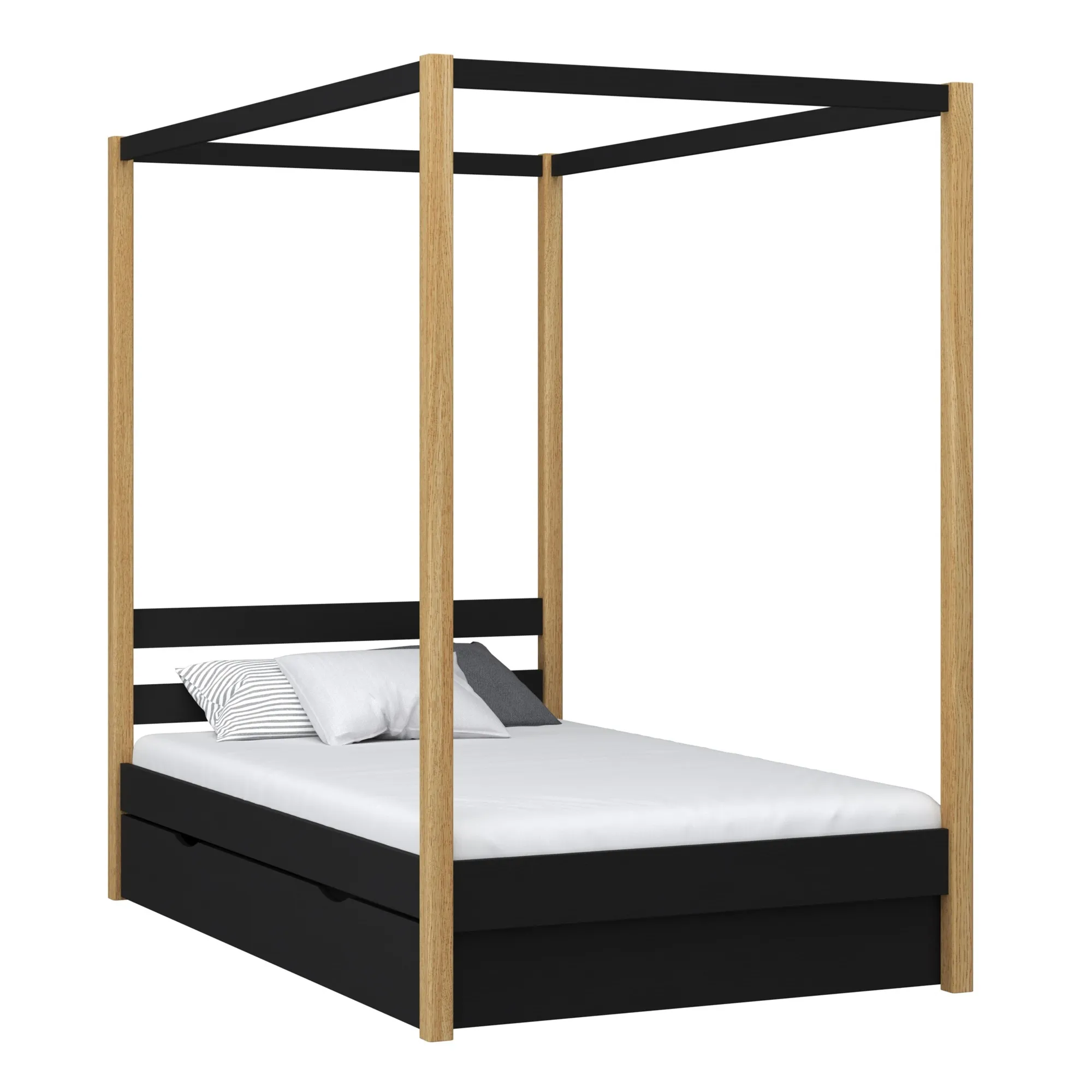 Drewniane łóżko z baldachimem i szufladą N01