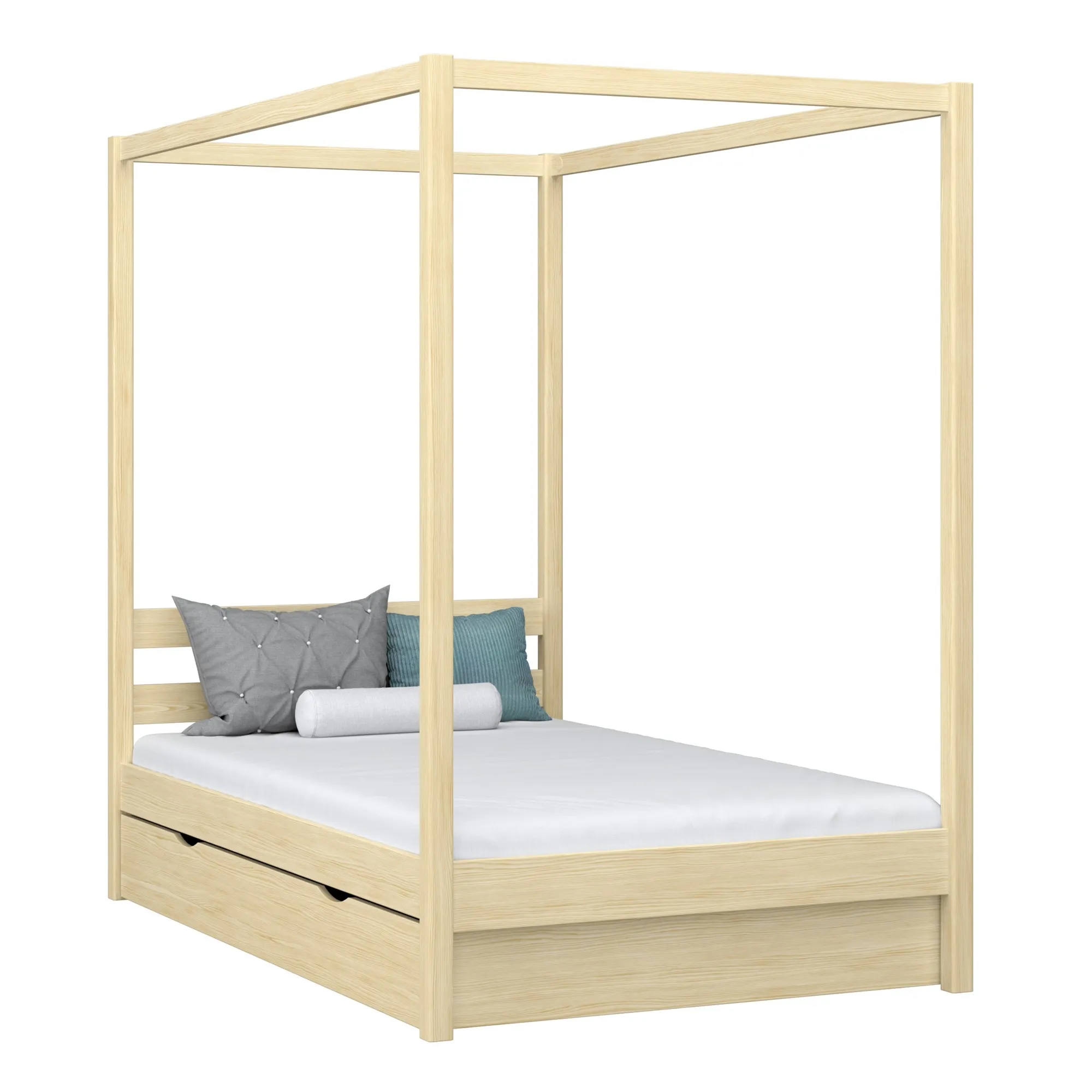 Drewniane łóżko z baldachimem i szufladą N01