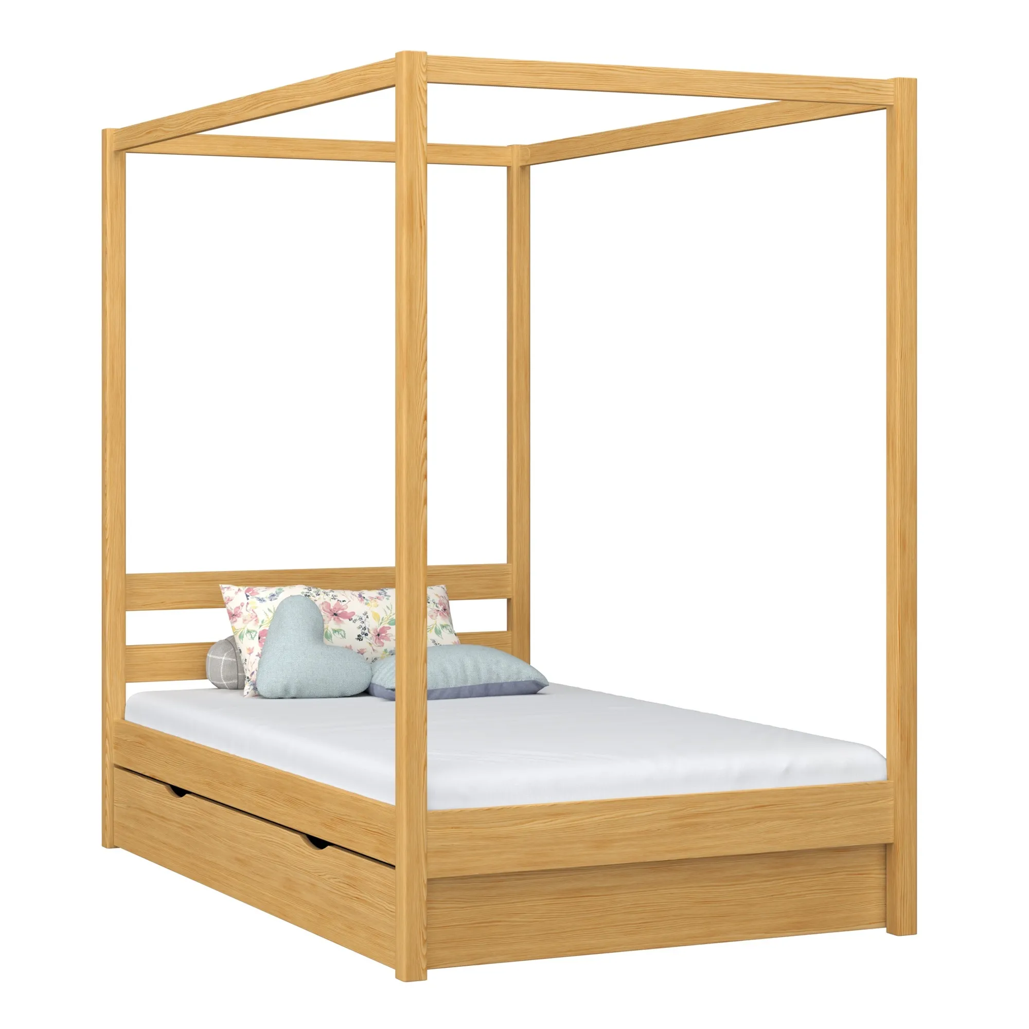 Drewniane łóżko z baldachimem i szufladą N01