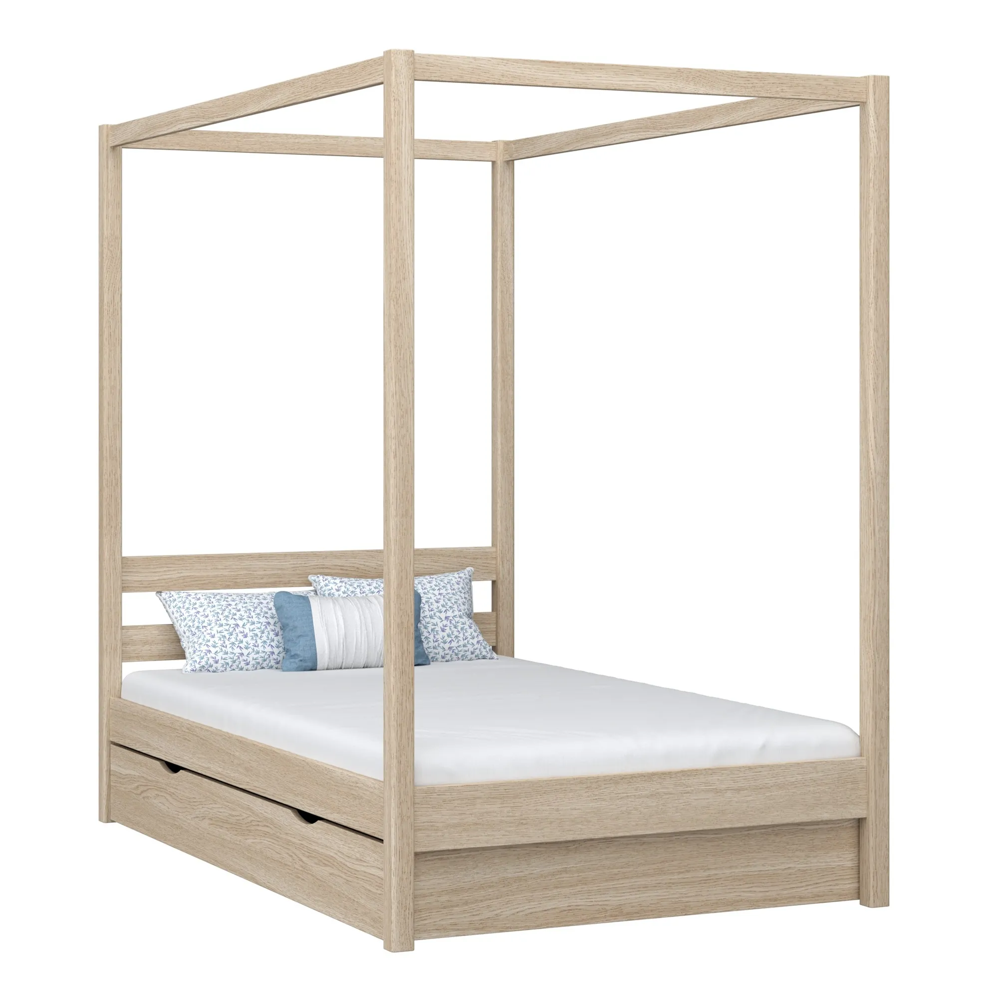 Dębowe łóżko z baldachimem i szufladą N01