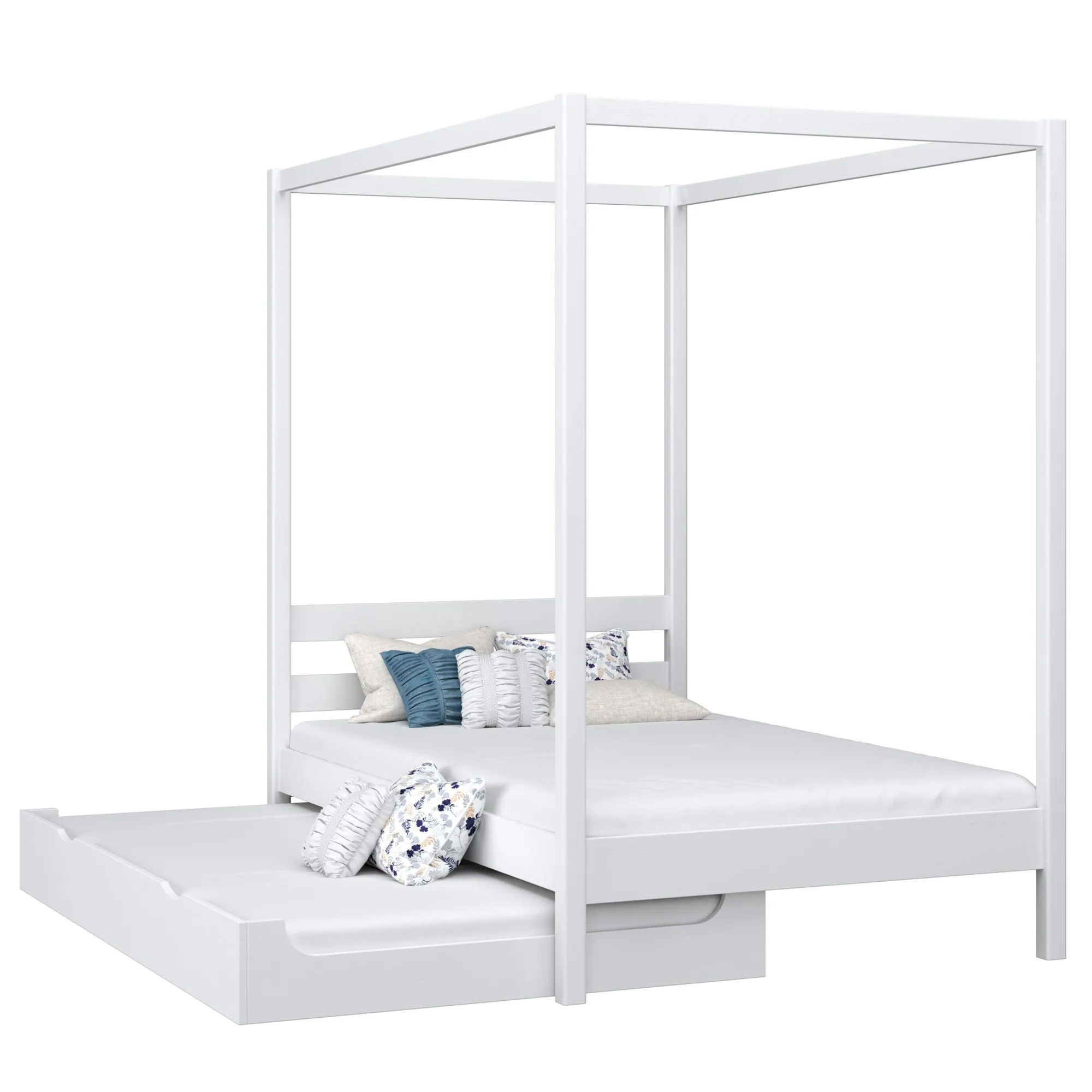 Drewniane łóżko z baldachimem i szufladą na dodatkowy materac N01