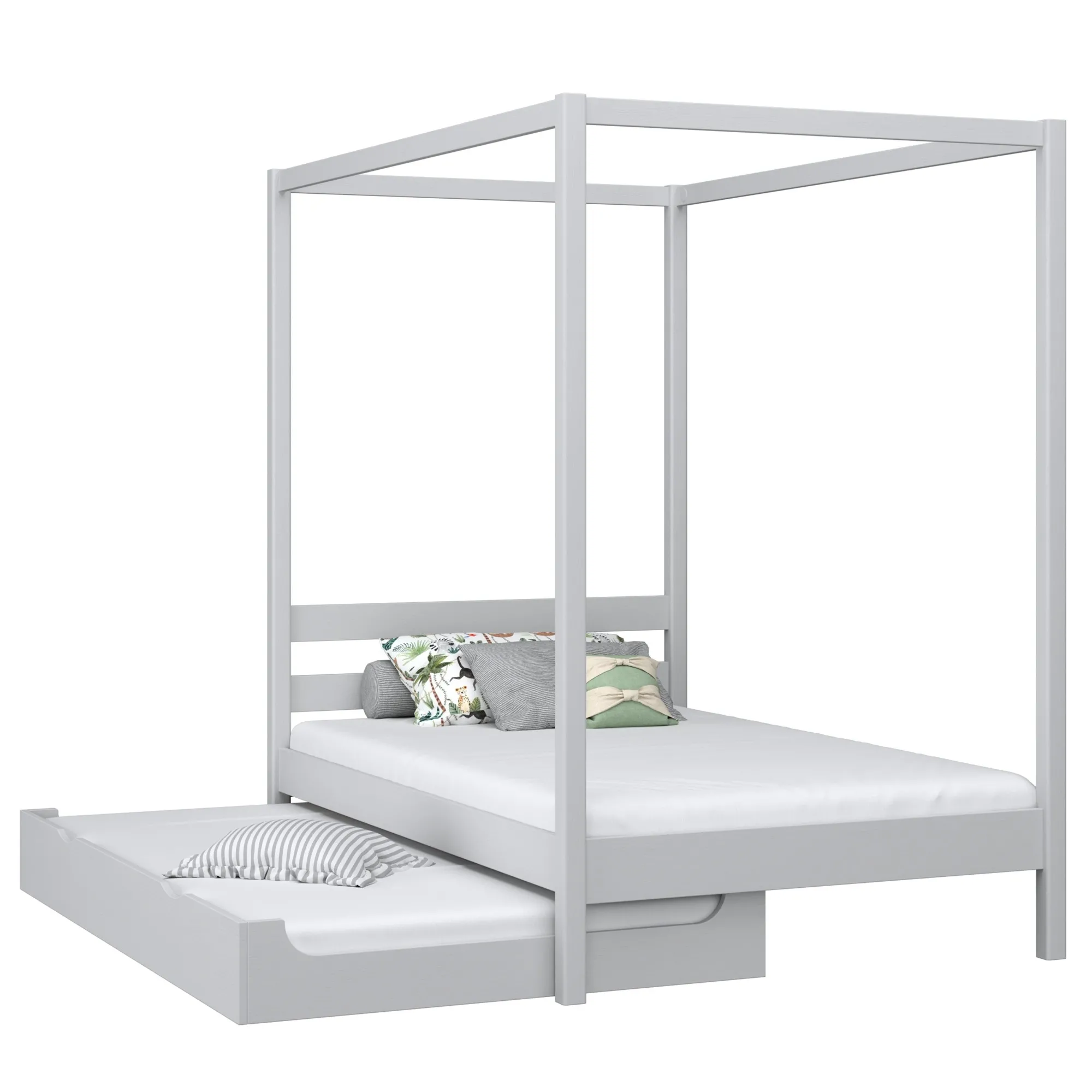 Drewniane łóżko z baldachimem i szufladą na dodatkowy materac N01