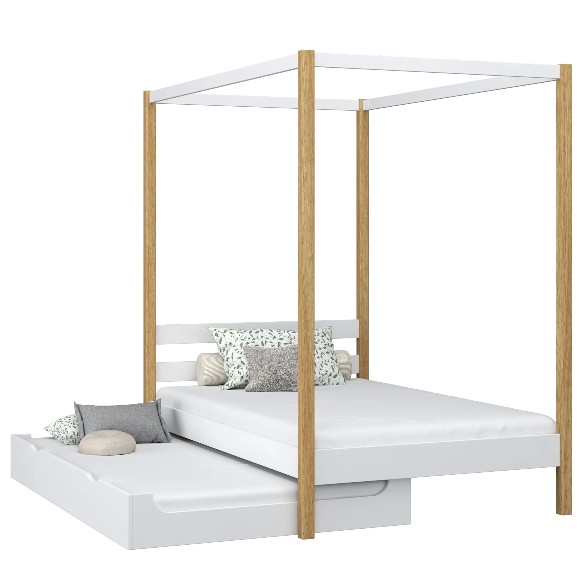 Drewniane łóżko z baldachimem i szufladą na dodatkowy materac N01