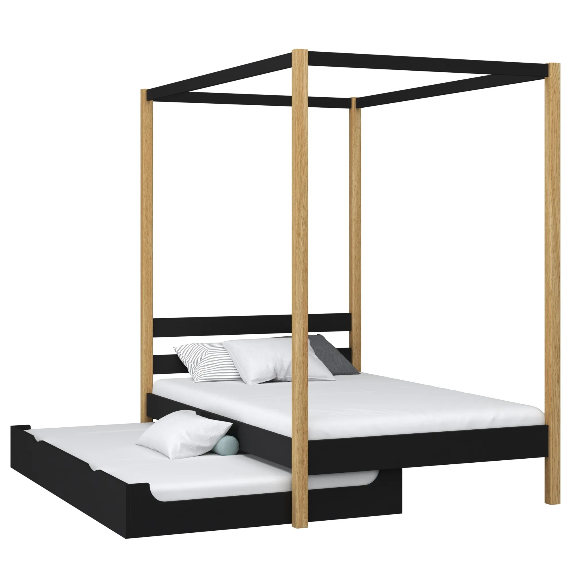 Drewniane łóżko z baldachimem i szufladą na dodatkowy materac N01