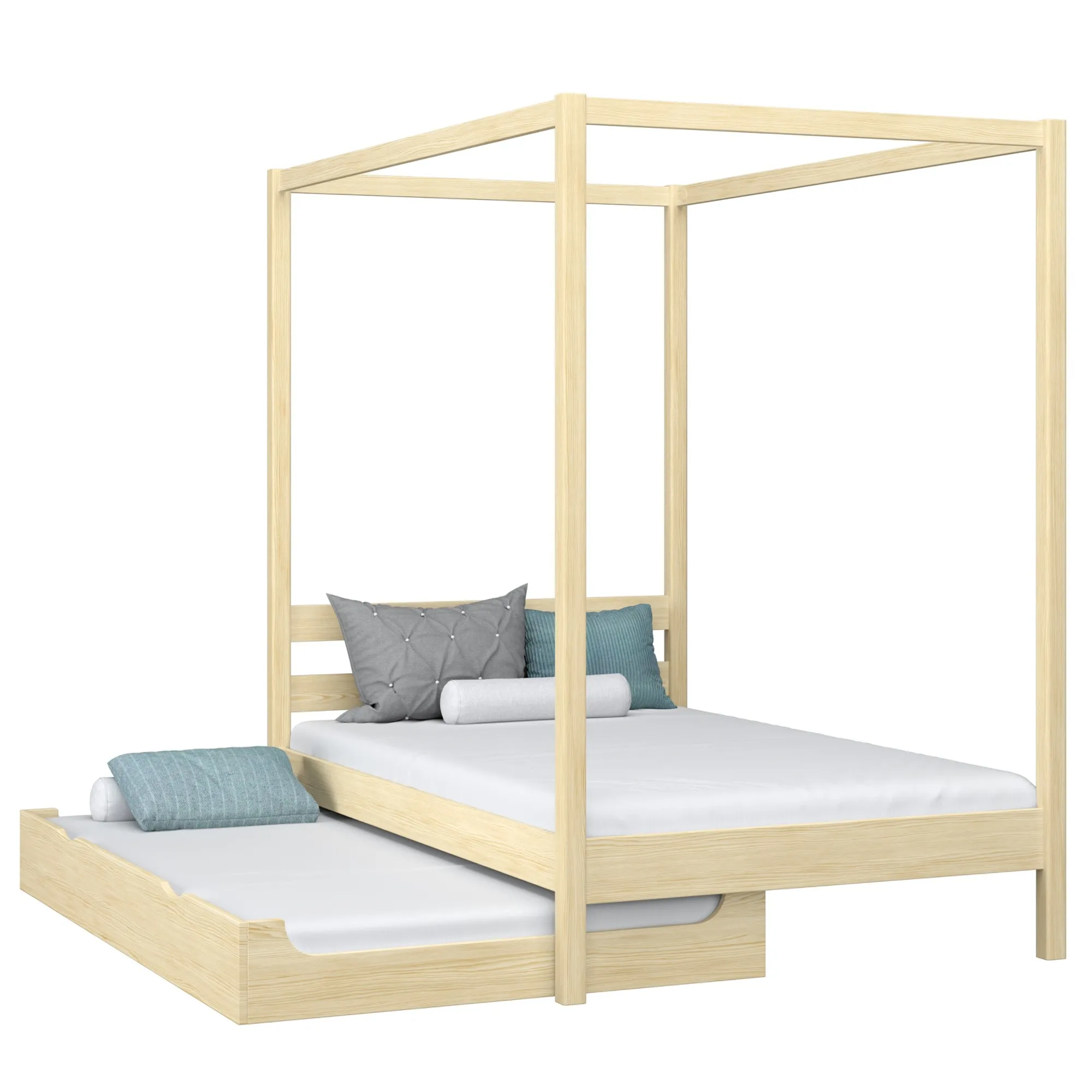 Drewniane łóżko z baldachimem i szufladą na dodatkowy materac N01