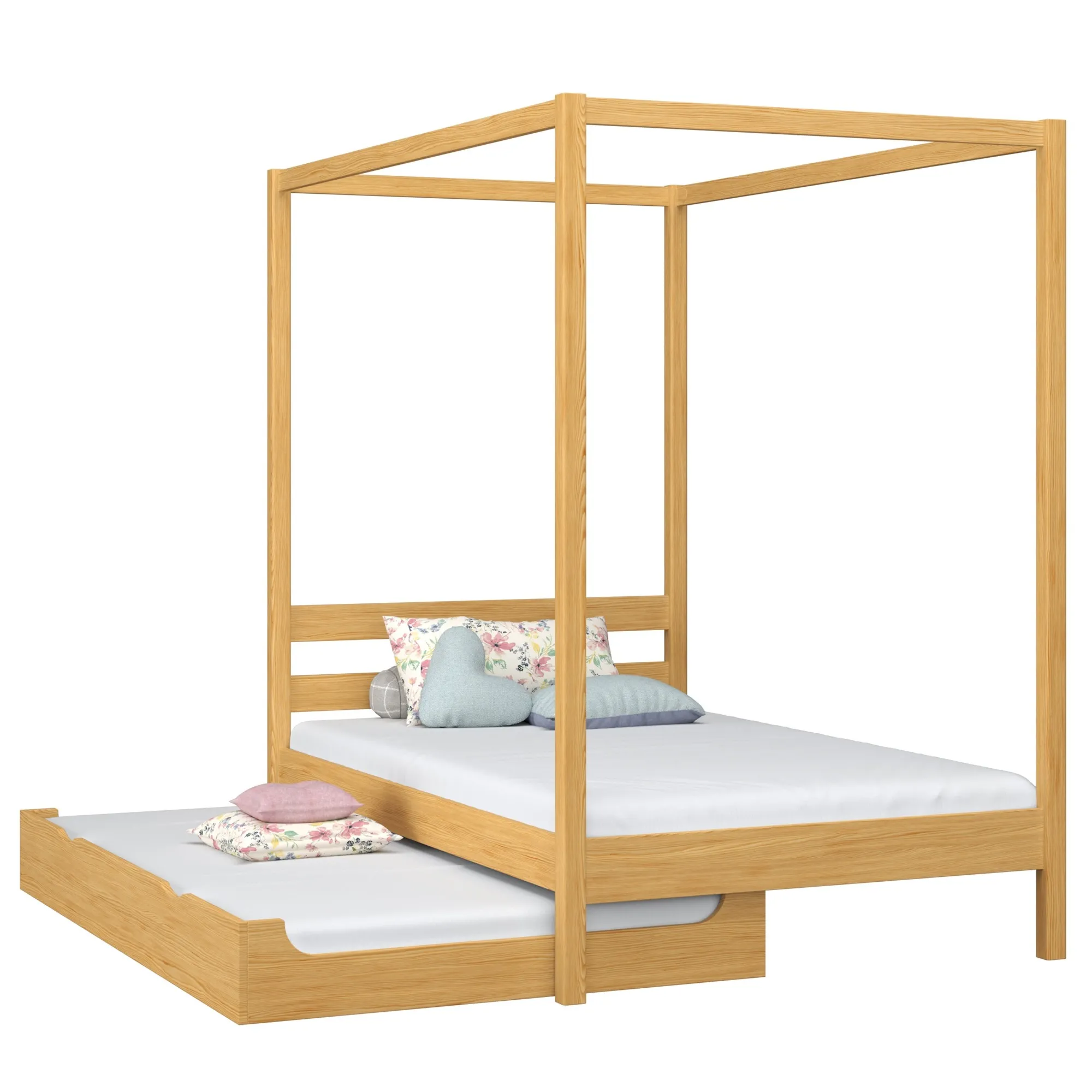 Drewniane łóżko z baldachimem i szufladą na dodatkowy materac N01